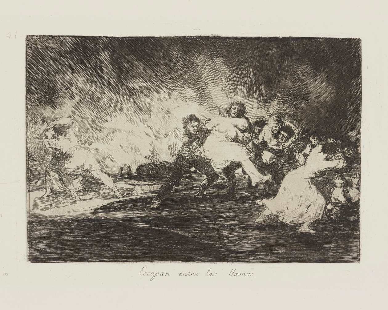 De rømmer inn i flammene. (De flykter gjennom flammene.), pl. 41 fra serien The Disasters of War av Francisco de Goya