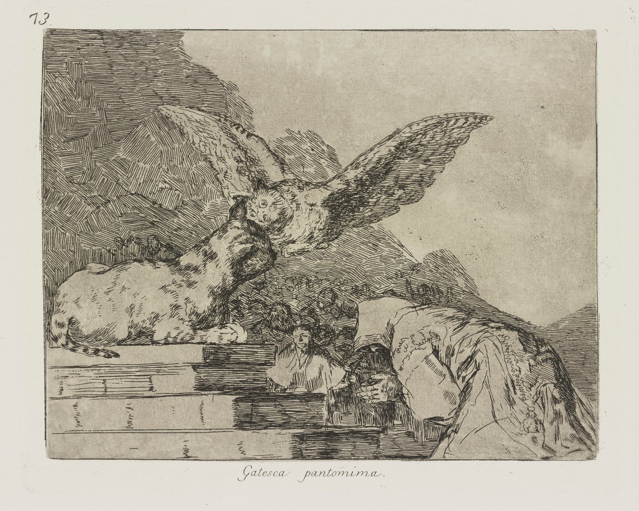 Gatesk pantomime. (Feline Pantomime.), pl. 73 fra serien The Disasters of War av Francisco de Goya