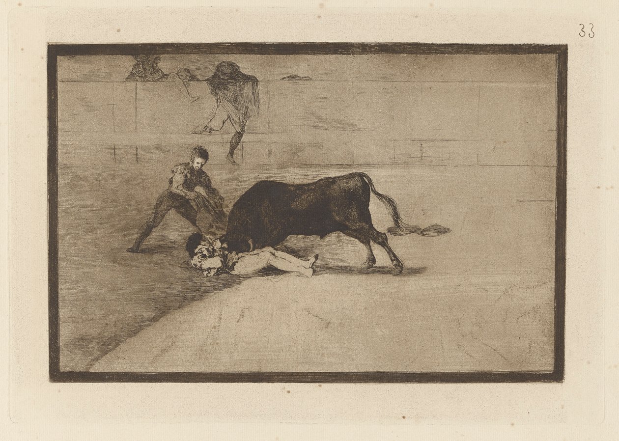 Den uheldige døden til Pepe Illo i ringen i Madrid (Den uheldige døden til Pepe Illo i ringen i Madrid), Plate 33 fra La tauromaquia av Francisco de Goya