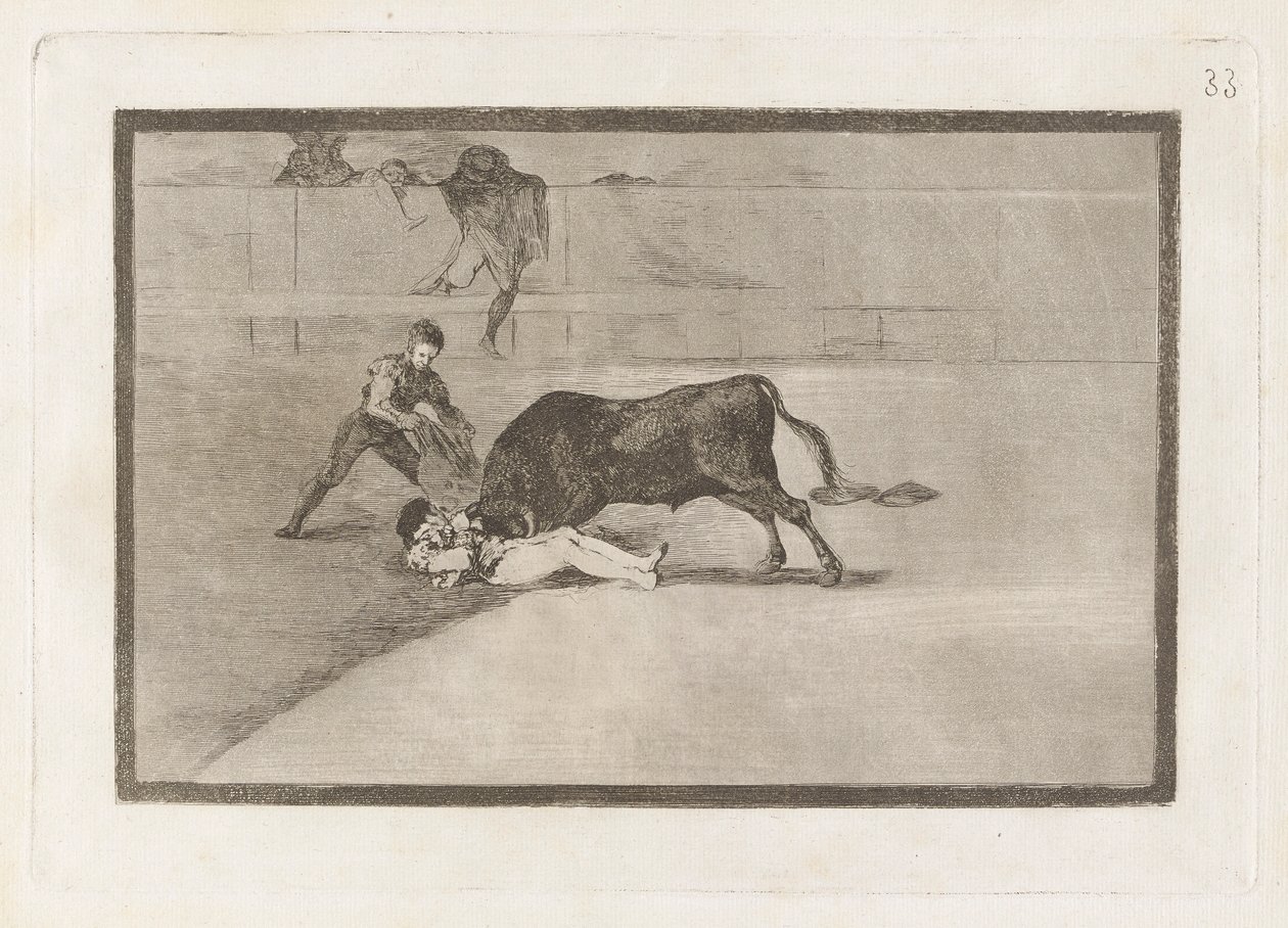 Den uheldige døden til Pepe Illo i ringen i Madrid (Den uheldige døden til Pepe Illo i ringen i Madrid), Plate 33 fra La tauromaquia av Francisco de Goya