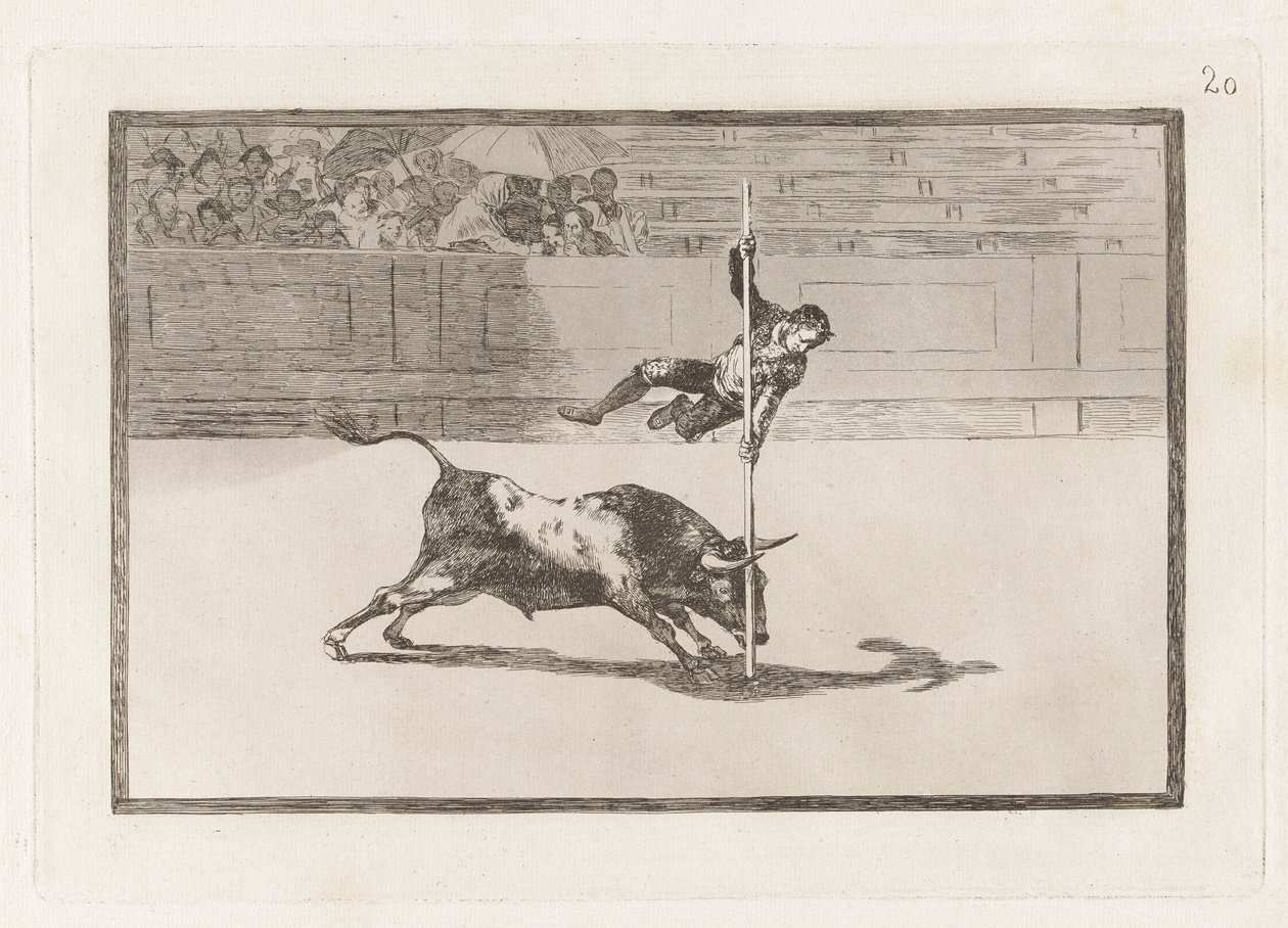 Letthet og frekkhet til Juanito Apinani i [ringen] i Madrid, Plate 20 fra La Tauromaquia av Francisco de Goya