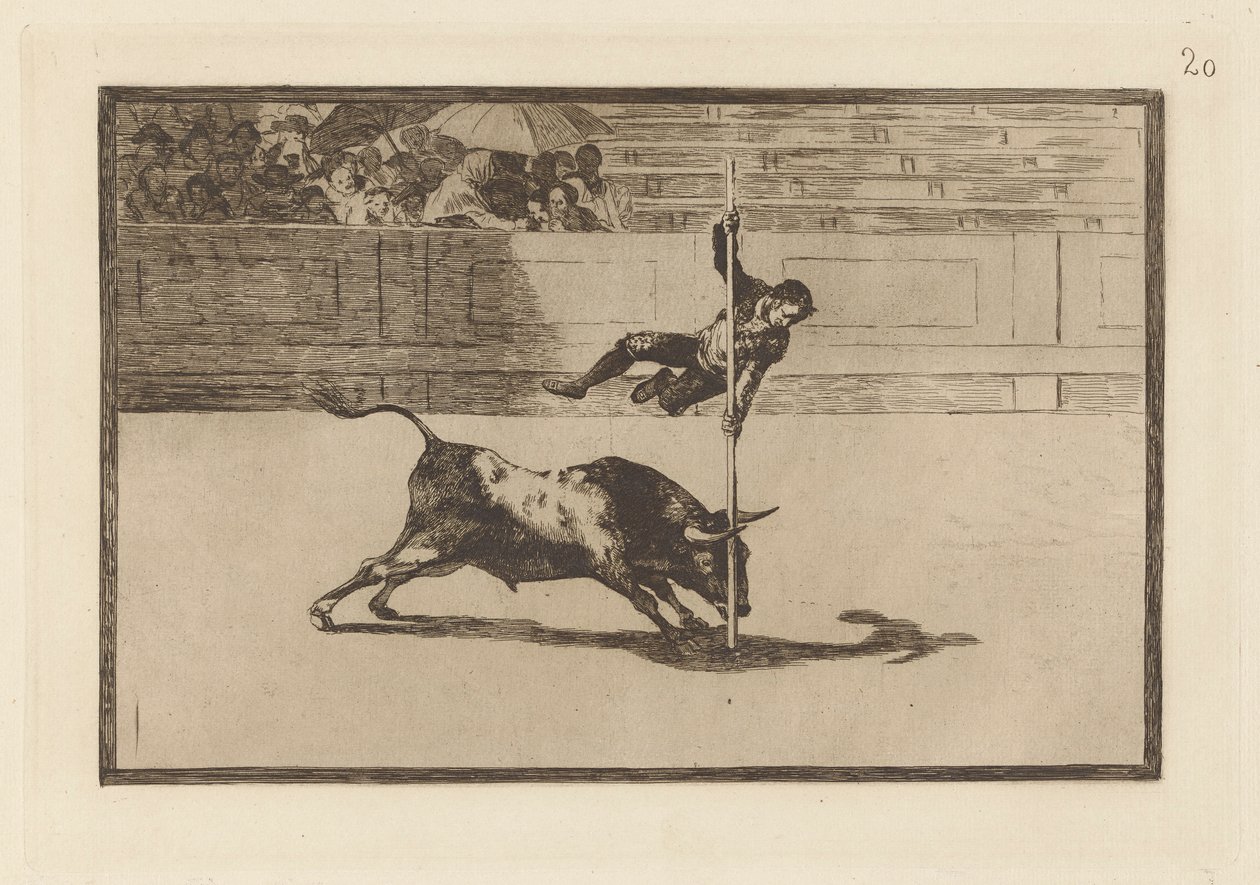 Letthet og frekkhet til Juanito Apinani i [ringen] i Madrid, Plate 20 fra La Tauromaquia av Francisco de Goya