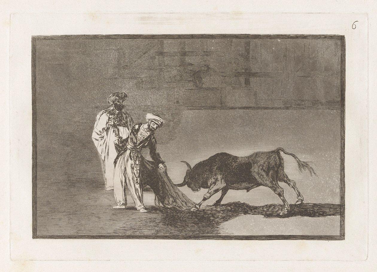 Maurerne lager en ny capeo på plazaen med sin albornoz (maurerne gjør et annet skuespill i ringen og kaller oksen med sine brennende), Plate 6 fra La tauromaquia av Francisco de Goya