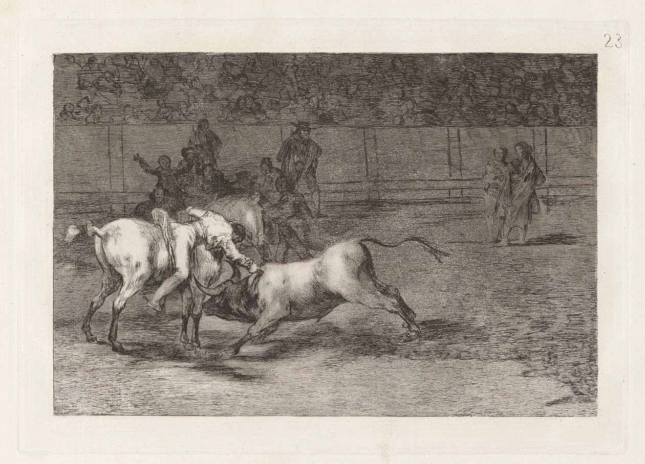 Mariano Ceballos, alias indianeren, dreper oksen fra hesten sin (Mariano Ceballos, Alias ​​​​indianeren, dreper oksen fra hesten sin), plate 23 fra La tauromaquia av Francisco de Goya