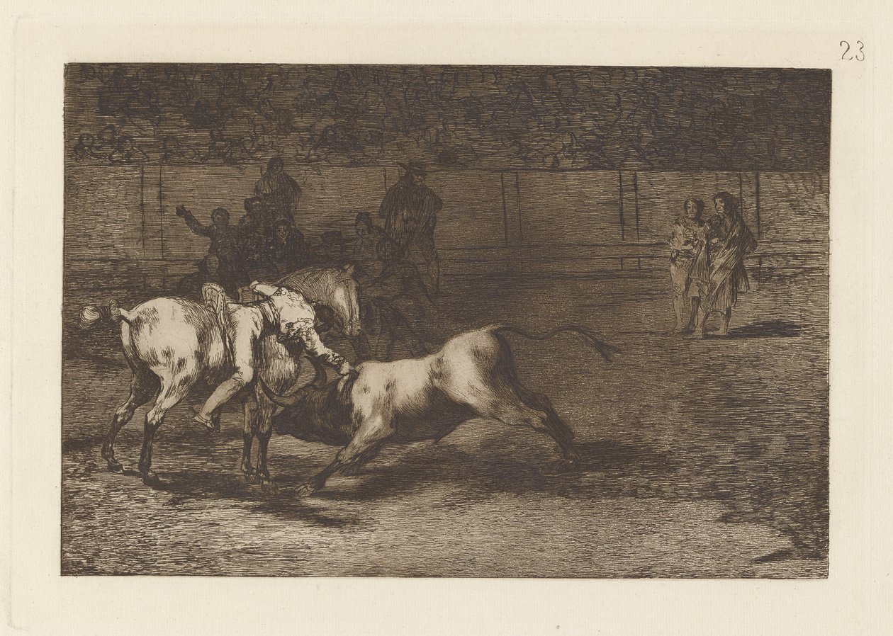 Mariano Ceballos, alias indianeren, dreper oksen fra hesten sin (Mariano Ceballos, Alias ​​​​indianeren, dreper oksen fra hesten sin), plate 23 fra La tauromaquia av Francisco de Goya