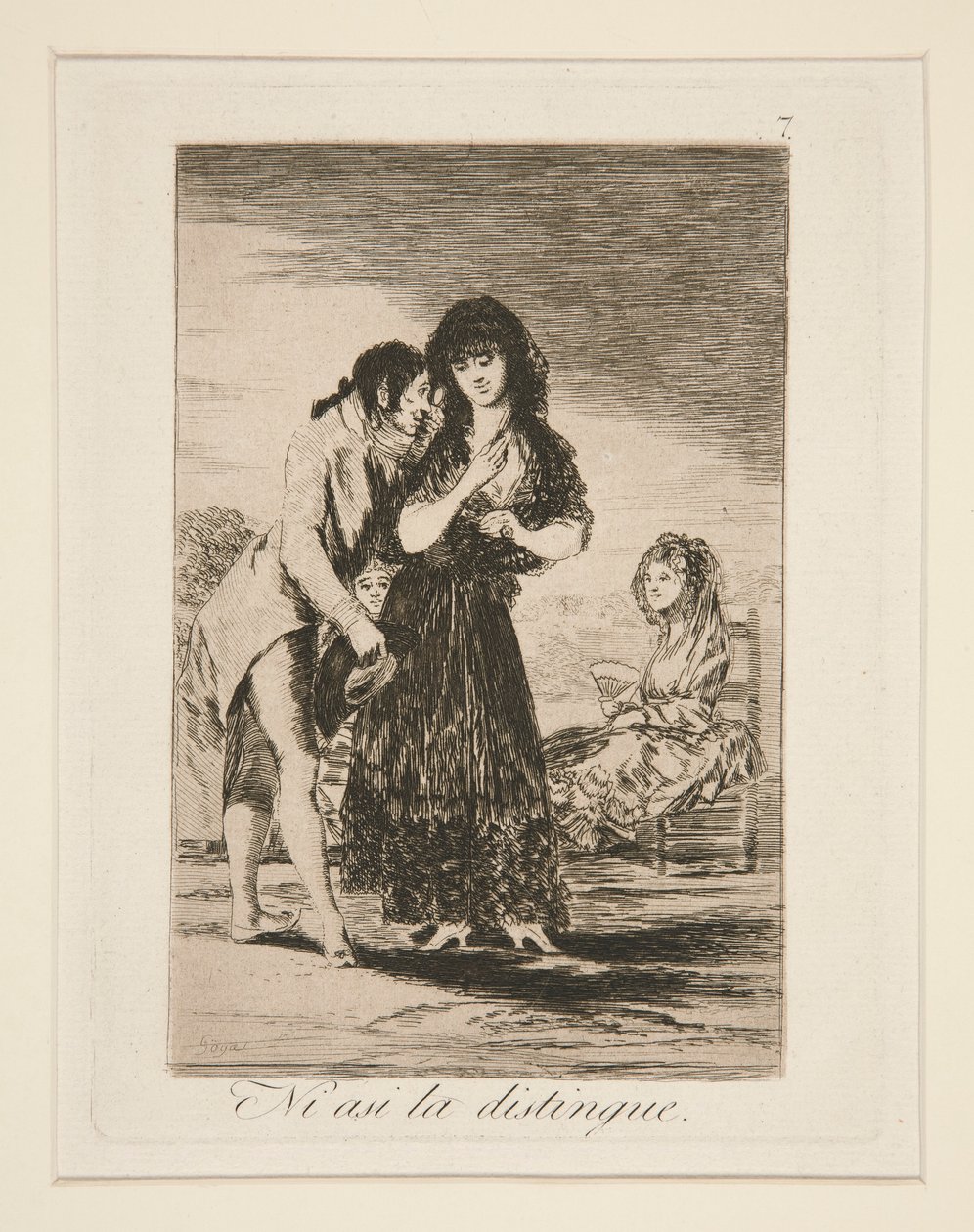 Ni asi la distingue (Selv dermed kan han ikke få henne ut), pl. 7 fra Los caprichos av Francisco de Goya
