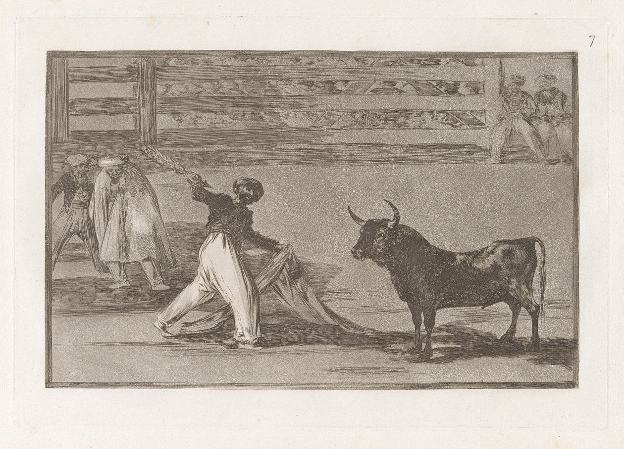 Opprinnelsen til harpuner? banderillas (Harpunernes opprinnelse eller Banderillas), tallerken 7 fra La tauromaquia av Francisco de Goya