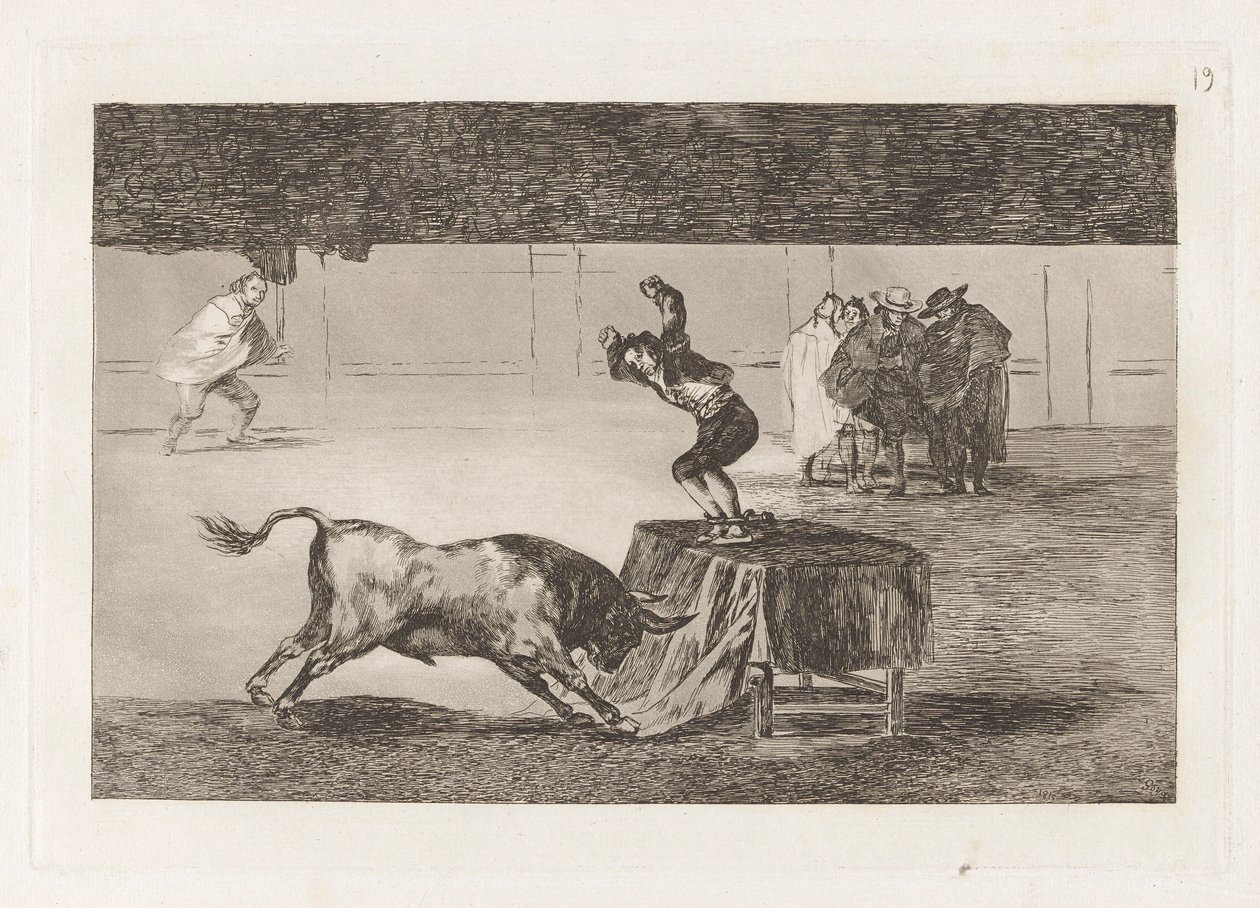 Nok en galskap av ham på samme torg (Another Madness of his in the Same Ring), Plate 19 fra La tauromaquia av Francisco de Goya