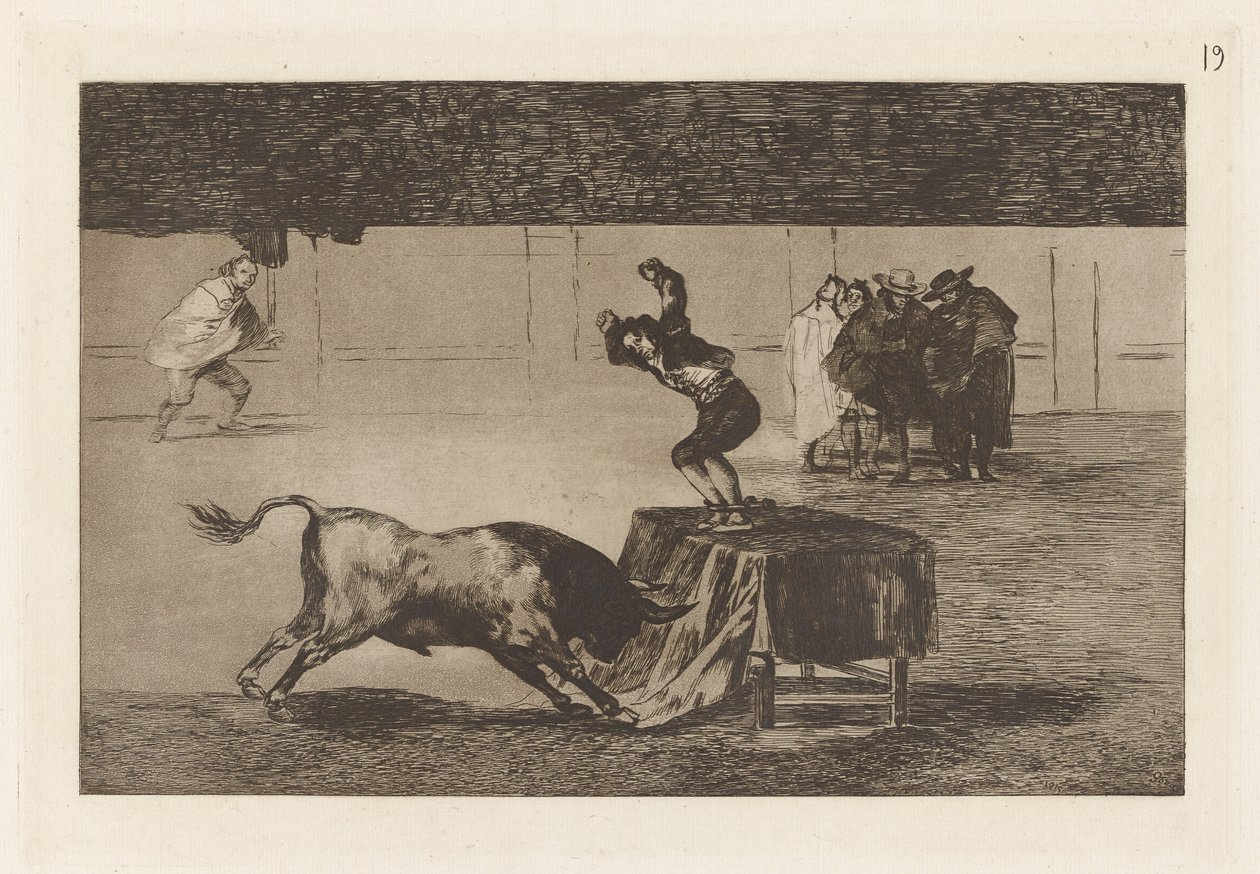 Nok en galskap av ham på samme torg (Another Madness of his in the Same Ring), Plate 19 fra La tauromaquia av Francisco de Goya