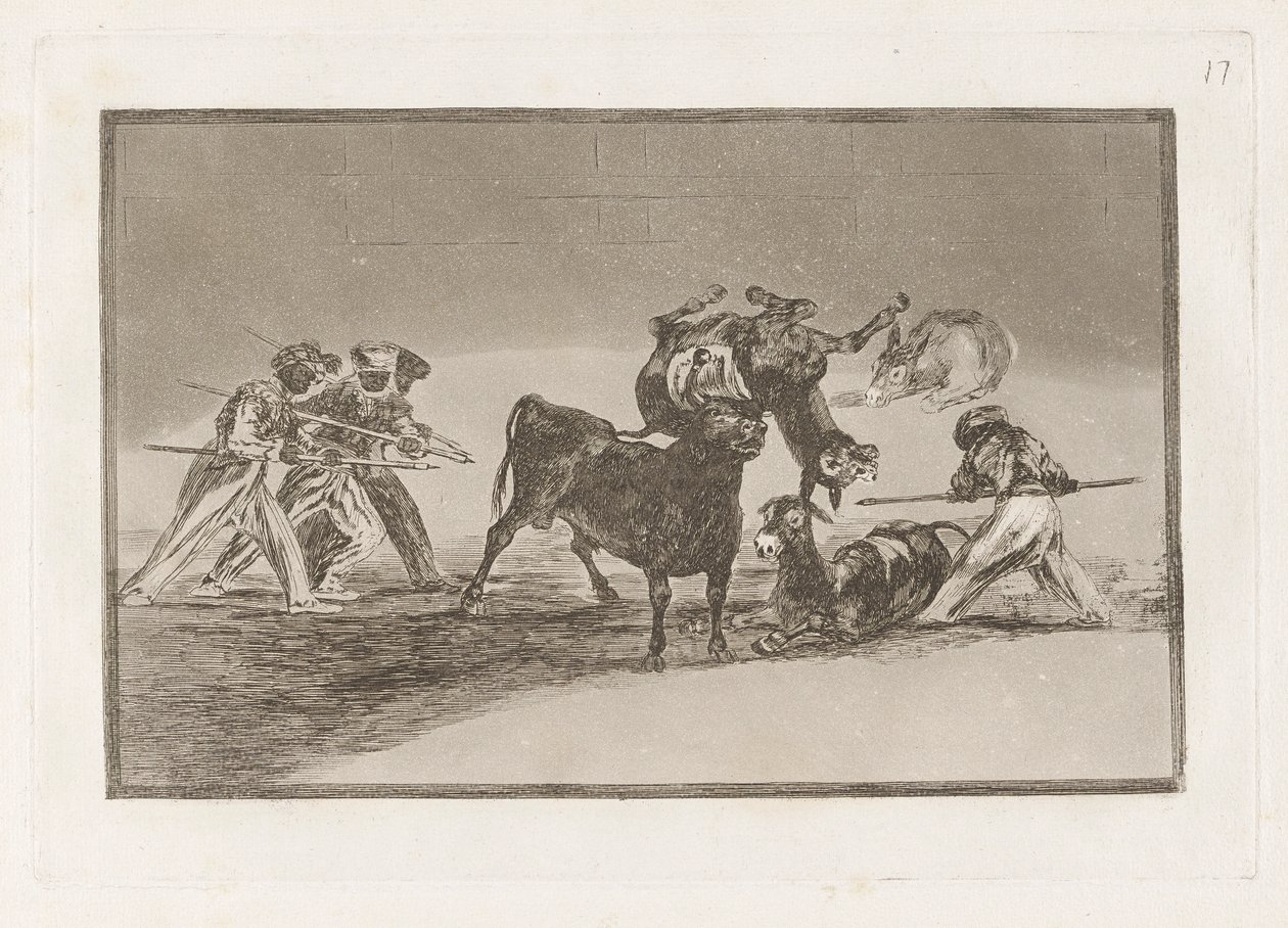Palenque de los moros hecho con burros para defenderse del toro embolado (Maurerne bruker esler som en barriere for å forsvare seg mot oksen hvis horn har blitt tippet med baller), plate 17 fra La tauromaquia av Francisco de Goya