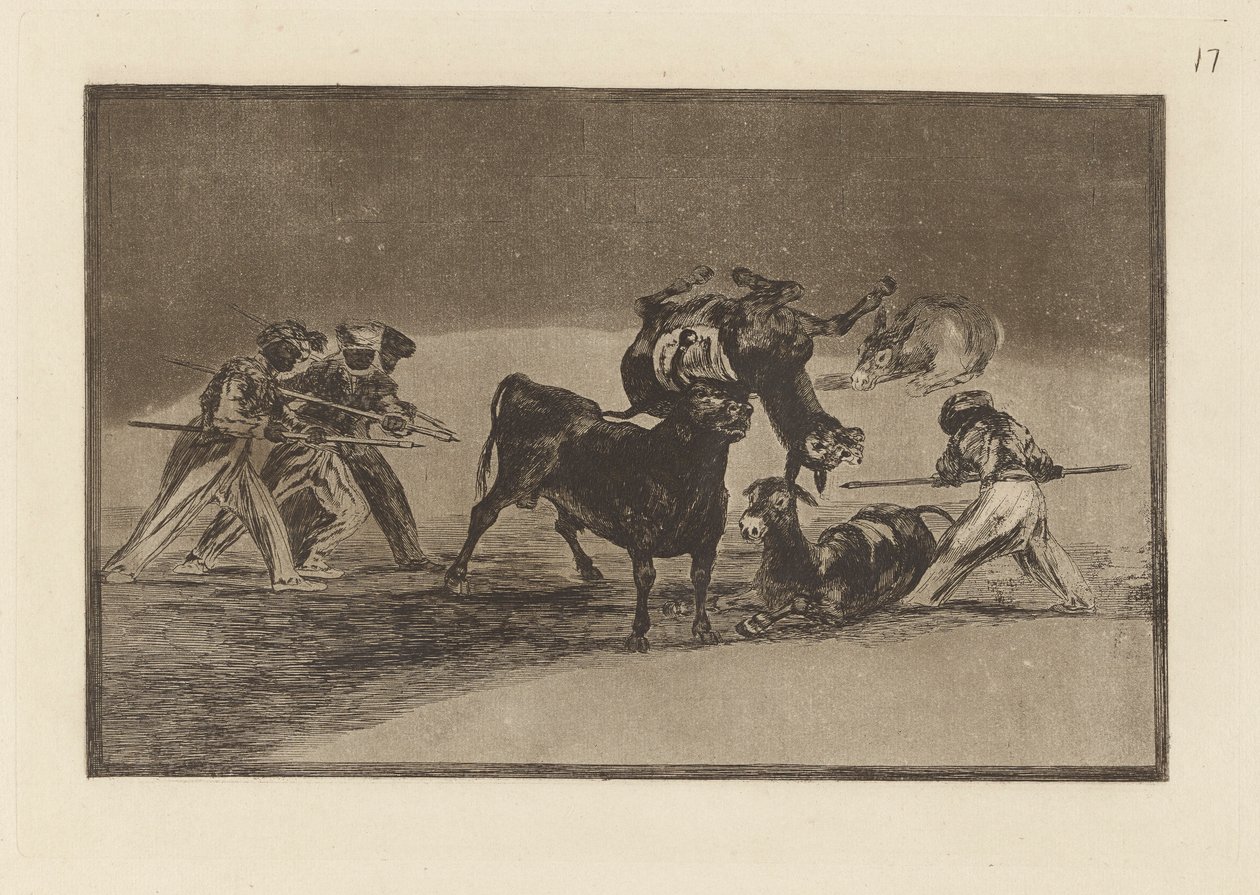Palenque de los moros hecho con burros para defenderse del toro embolado (Maurerne bruker esler som en barriere for å forsvare seg mot oksen hvis horn har blitt tippet med baller), plate 17 fra La tauromaquia av Francisco de Goya