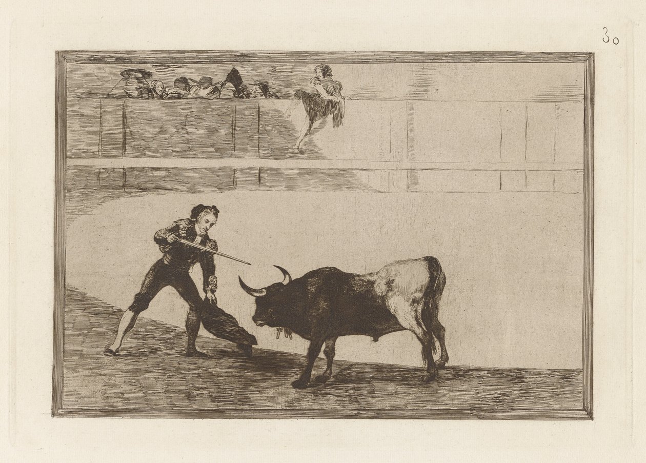 Pedro Rosemary? til stående okse (Pedro Romero Killing the Halted Bull), Plate 30 fra The Bull Machinery av Francisco de Goya