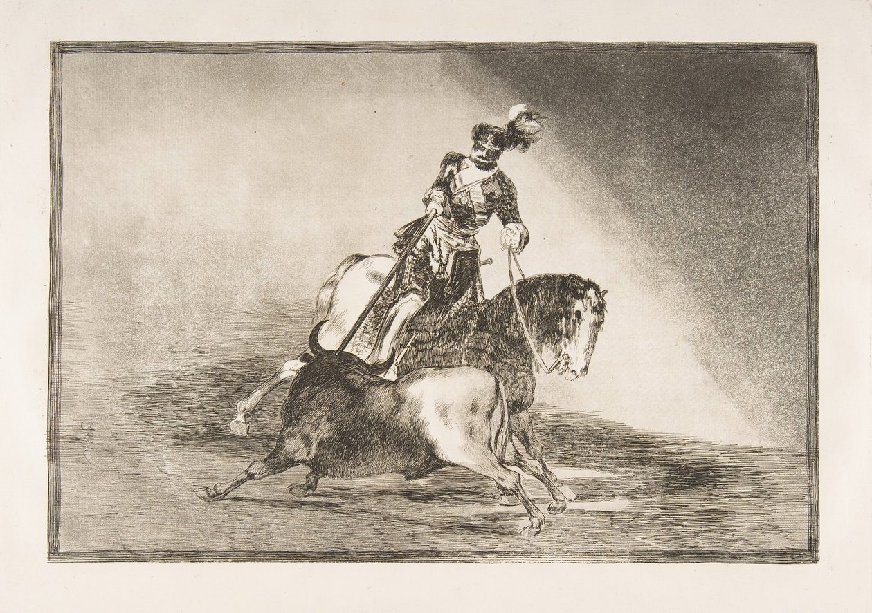 Plate 10 fra La Tauromaquia: Charles V spydte en okse i ringen ved Valladolid, 1816. av Francisco de Goya