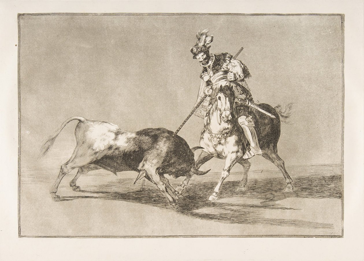 Plate 11 fra Tauromaquia: Cid-campeadoren som spyder en annen okse., 1816. av Francisco de Goya