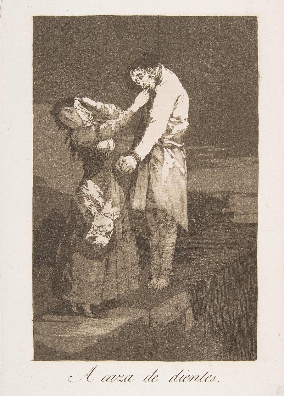 Plate 12 fra Los Caprichos: Ut på jakt etter tenner A caza de dientes., 1799. av Francisco de Goya