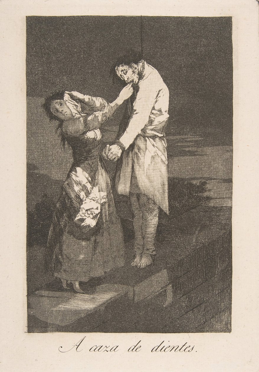 Plate 12 fra Los Caprichos: Ut på jakt etter tenner A caza des dientes., 1799. av Francisco de Goya