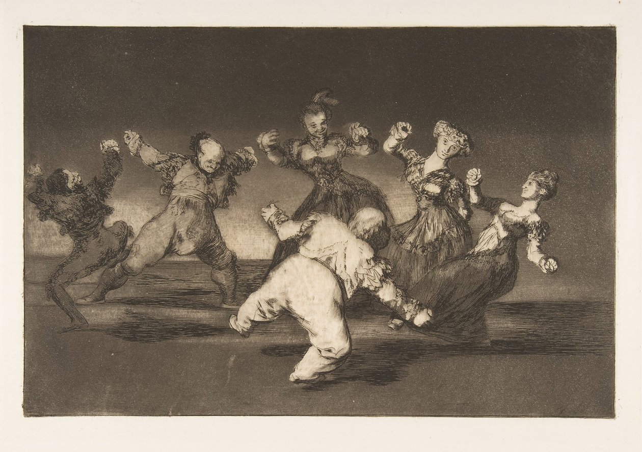 Plate 12 fra Disparates: Hvis Marion vil danse, så har hun..., ca. 1816-23 utgitt 1864. av Francisco de Goya