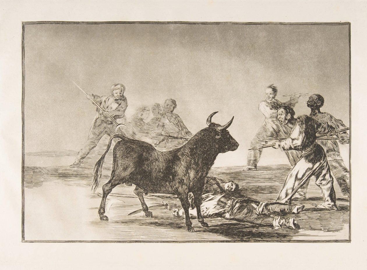 Plate 12 fra Tauromaquia: Folkemengden hamstrings oksen med lanser, sigder, bande..., 1816. av Francisco de Goya
