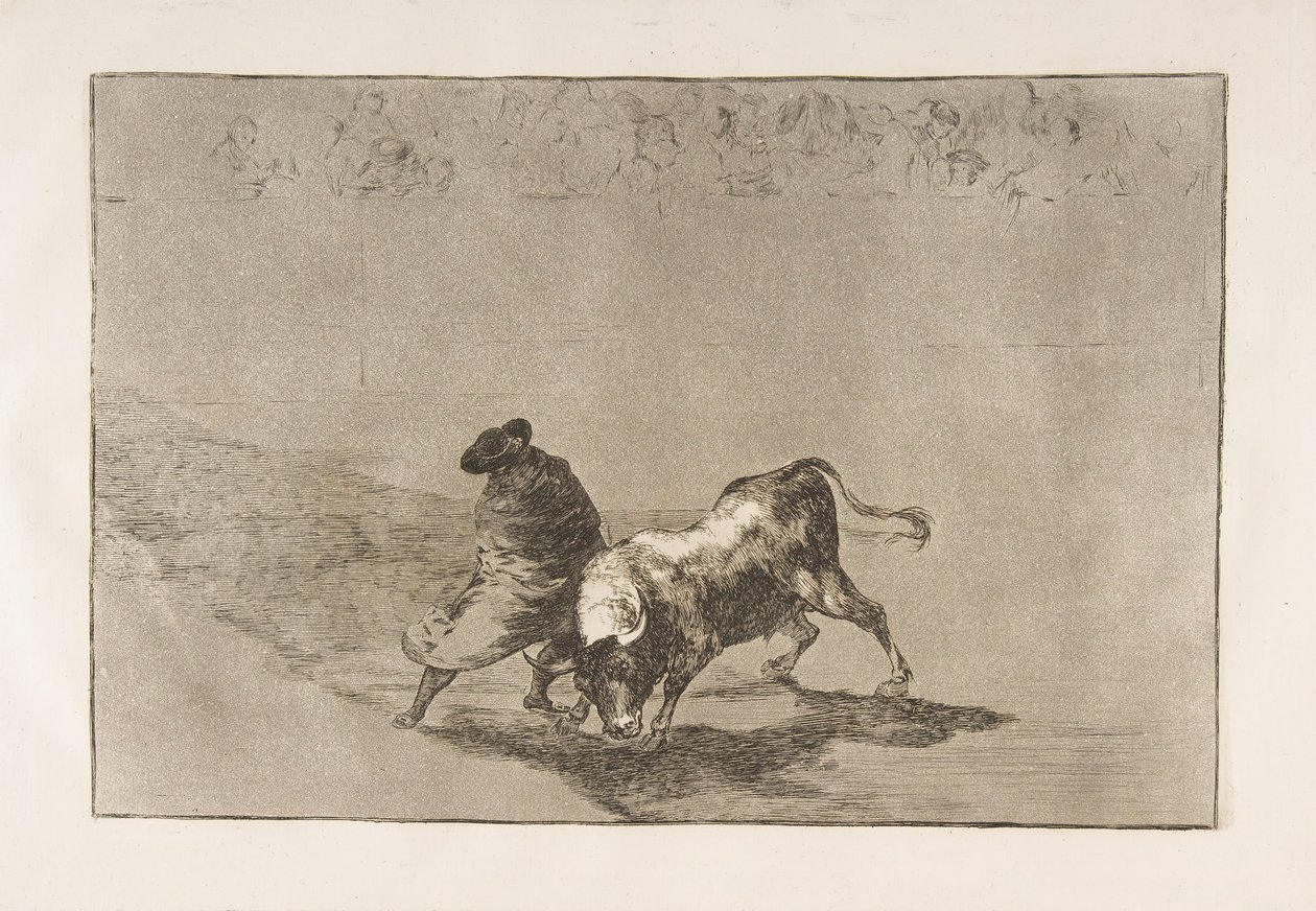 Plate 14 fra Tauromaquia: Den meget dyktige studenten til Falces, pakket inn i kappen sin..., 1816. av Francisco de Goya