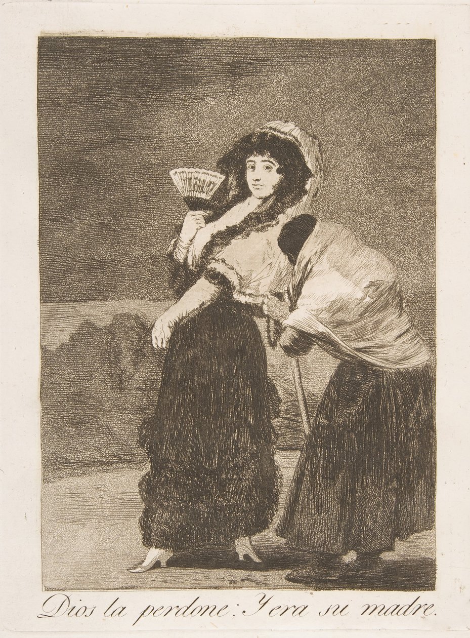 Plate 16 fra Los Caprichos: For himmelens skyld: og det var hennes mor Dios la Perdone: Y..., 1799. av Francisco de Goya