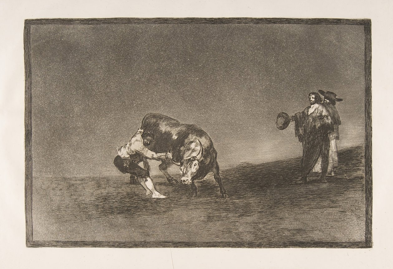 Plate 16 av Tauromaquia: Den samme mannen kaster en okse i ringen i Madrid., 1816. av Francisco de Goya