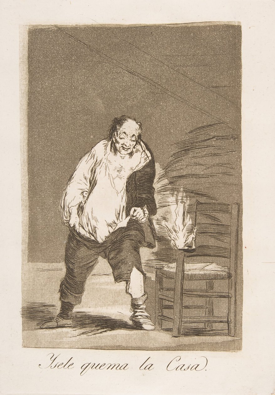 Plate 18 fra 'Los Caprichos': Og huset hans står i brann Ysele quema la Casa., 1799. av Francisco de Goya