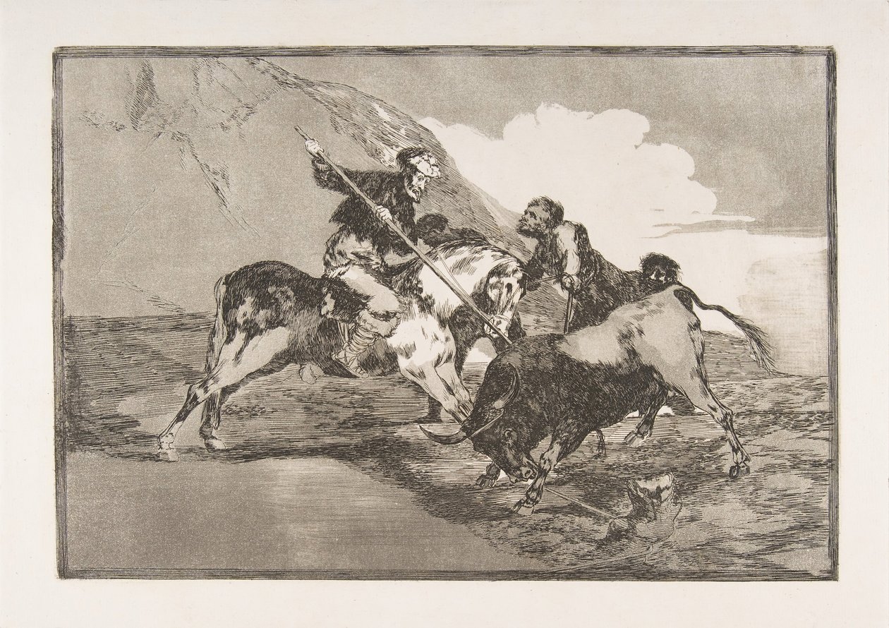 Plate 1 fra The Tauromaquia: Måten de gamle spanjolene jaktet okser på på hor..., 1816. av Francisco de Goya