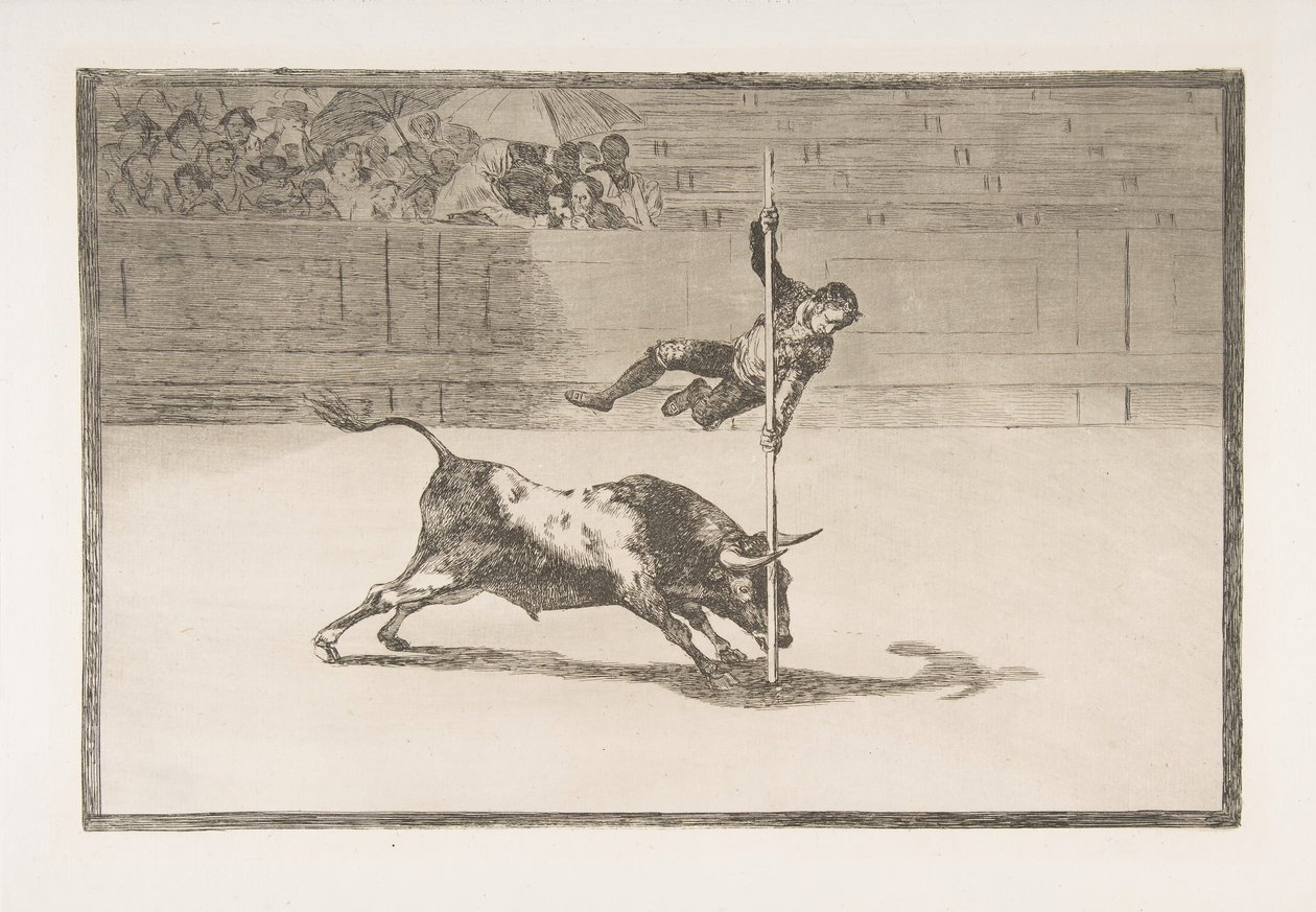 Plate 20 fra Tauromaquia: Smidigheten og frekkheten til Juanito Apiñani i [ringen] ..., 1816. av Francisco de Goya