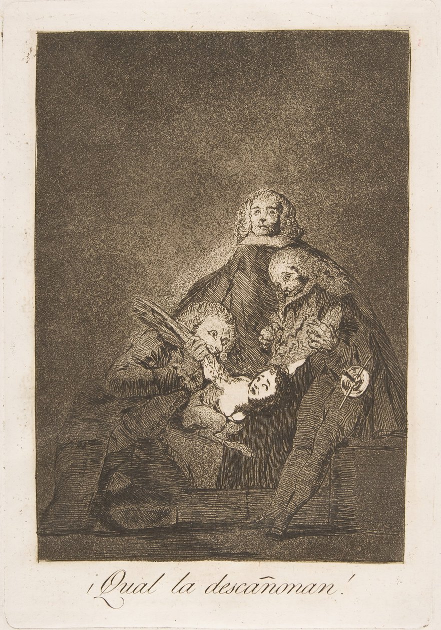 Plate 21 fra Los Caprichos: Hvordan de plukker henne! Qual decannon!, 1799. av Francisco de Goya