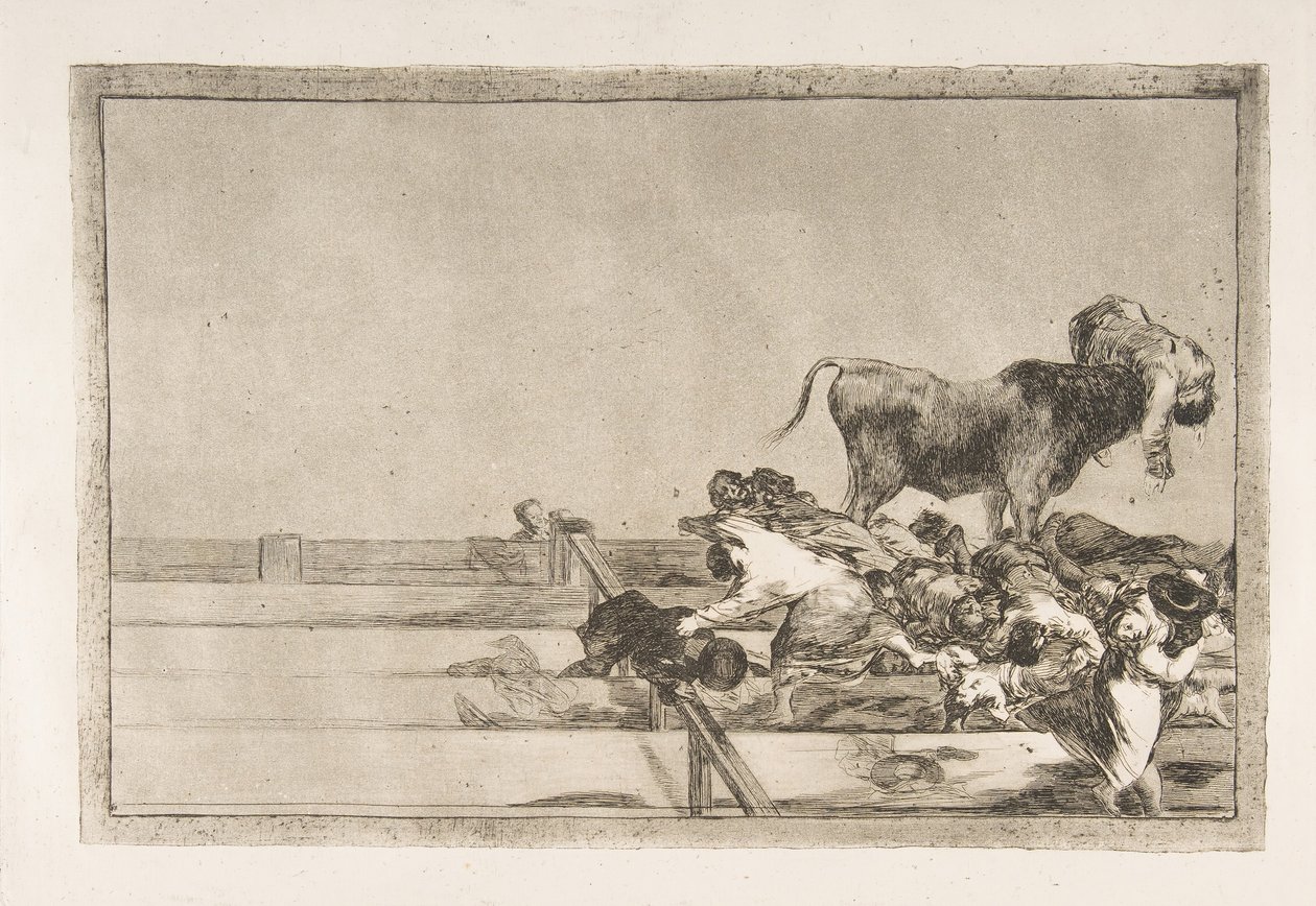 Plate 21 fra Tauromaquia: Forferdelige hendelser i de første radene av ringen i Madrid a..., 1816. av Francisco de Goya