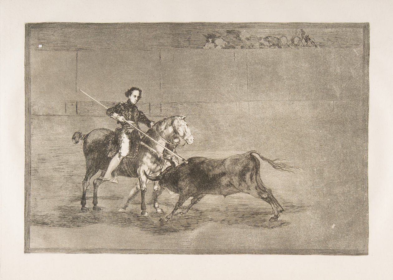 Plate 22 fra Tauromaquia: Mannlig mot til den berømte Pajuelera i [ringen] kl..., 1816. av Francisco de Goya