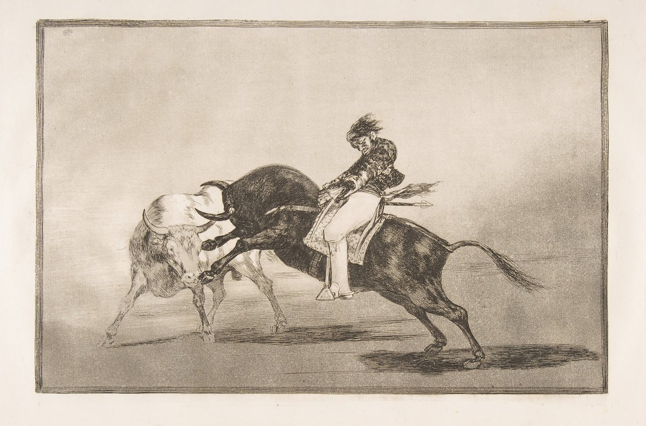 Plate 24 av Tauromaquia: Den samme Ceballos montert på en annen okse bryter kort spea..., 1816. av Francisco de Goya