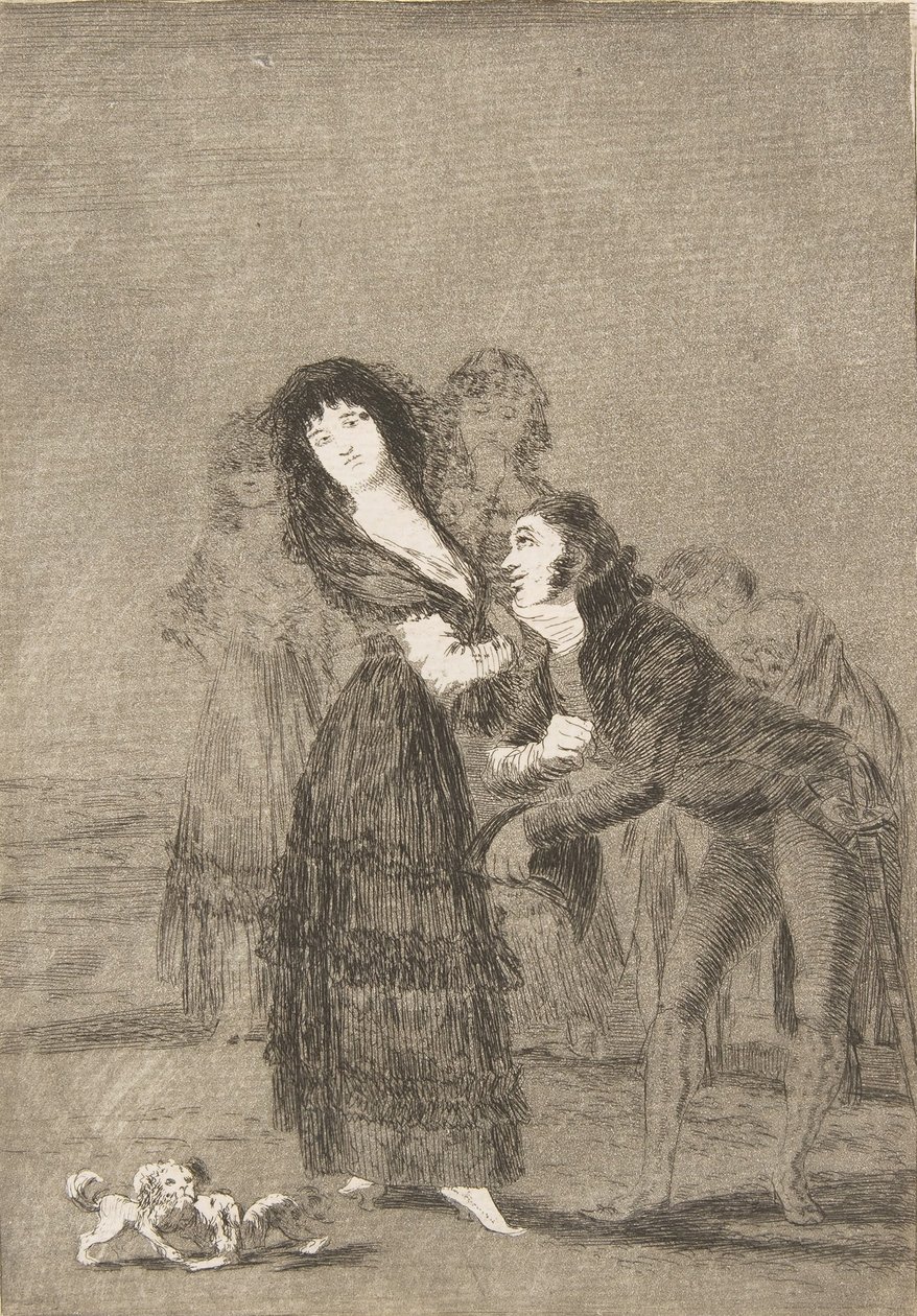 Plate 27 fra Los Caprichos: Hvilken av dem er den mest overvunne Quien mas rendido, 1799. av Francisco de Goya