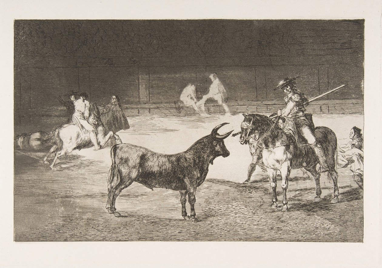 Tallerken 27 fra Tauromachia: Den berømte stikkeren, Fernando del Toro, tegner brenneren..., av Francisco de Goya