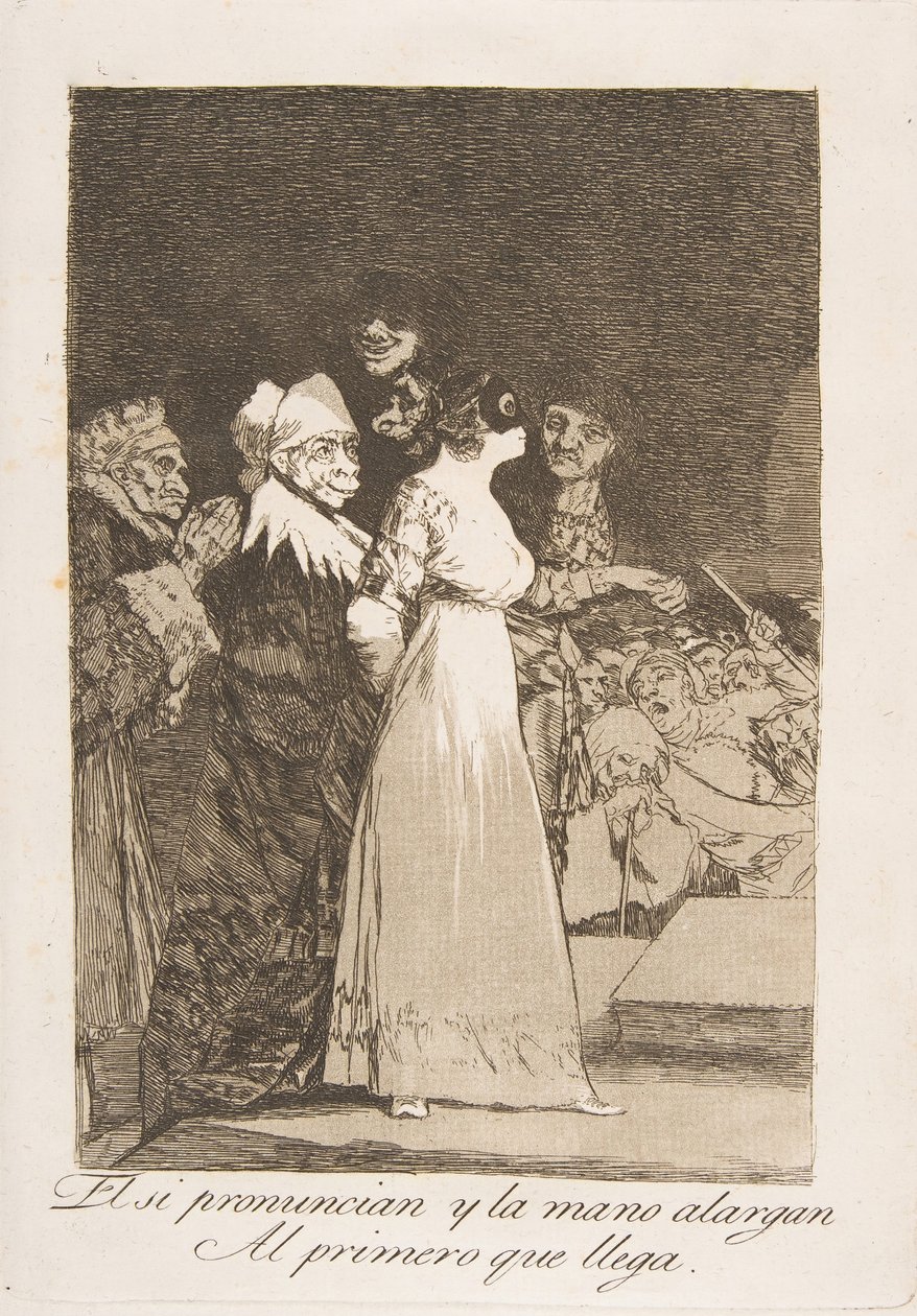 Plate 2 fra Los Caprichos : De sier ja og gir hånden til den første som kommer El si ..., 1799. av Francisco de Goya