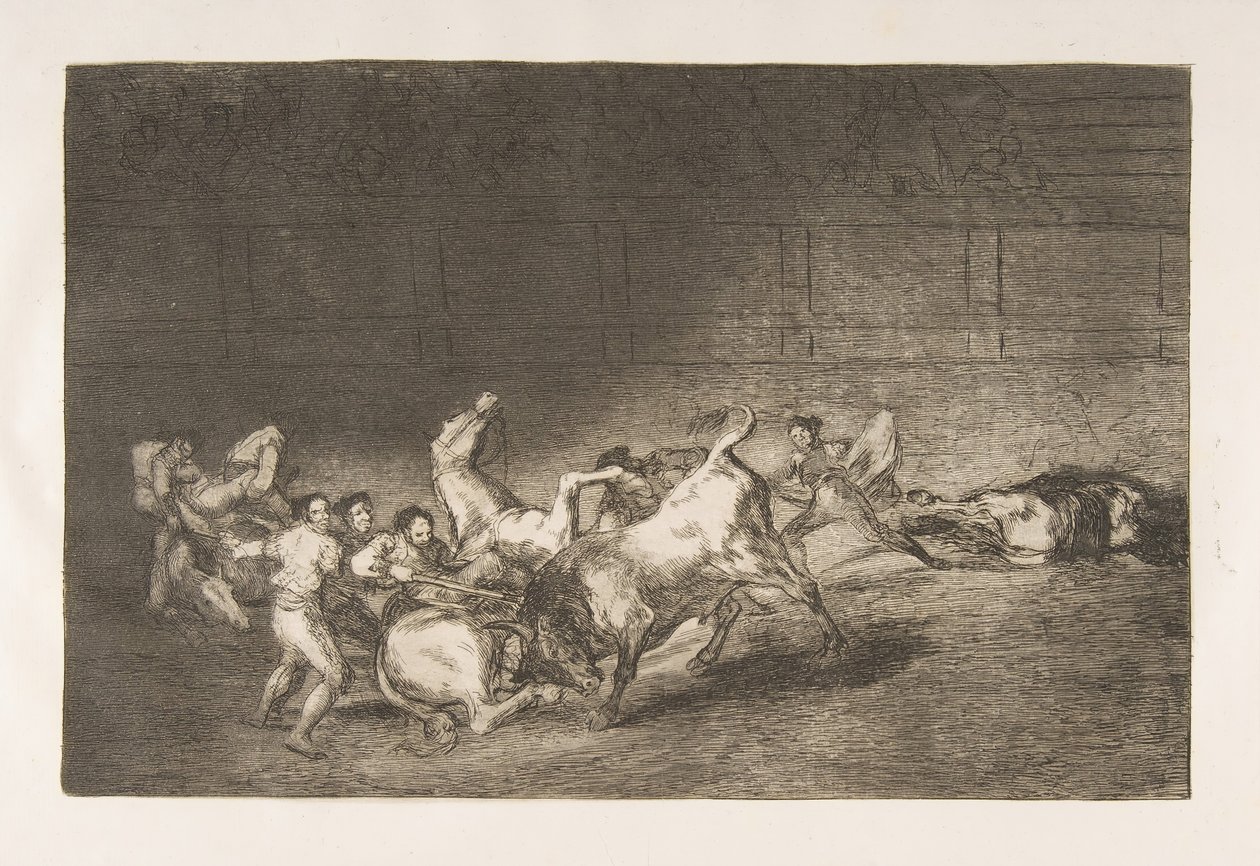 Plate 32 fra Tauromaquia: To lag med picadorer kastet etter hverandre av en sang..., 1816. av Francisco de Goya