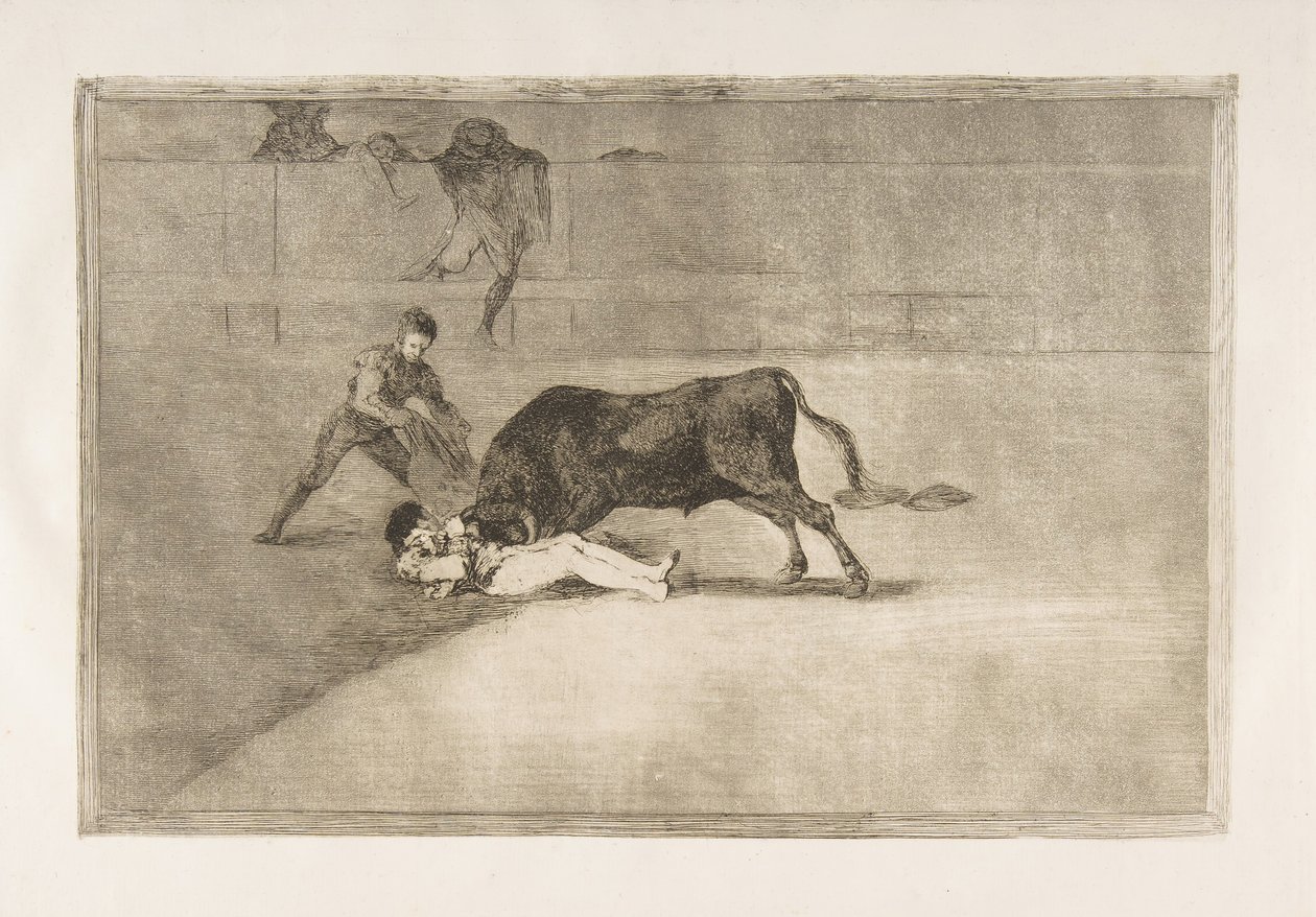 Plate 33 fra Tauromaquia: Pepe Illos uheldige død i ringen i Madrid., 1816. av Francisco de Goya
