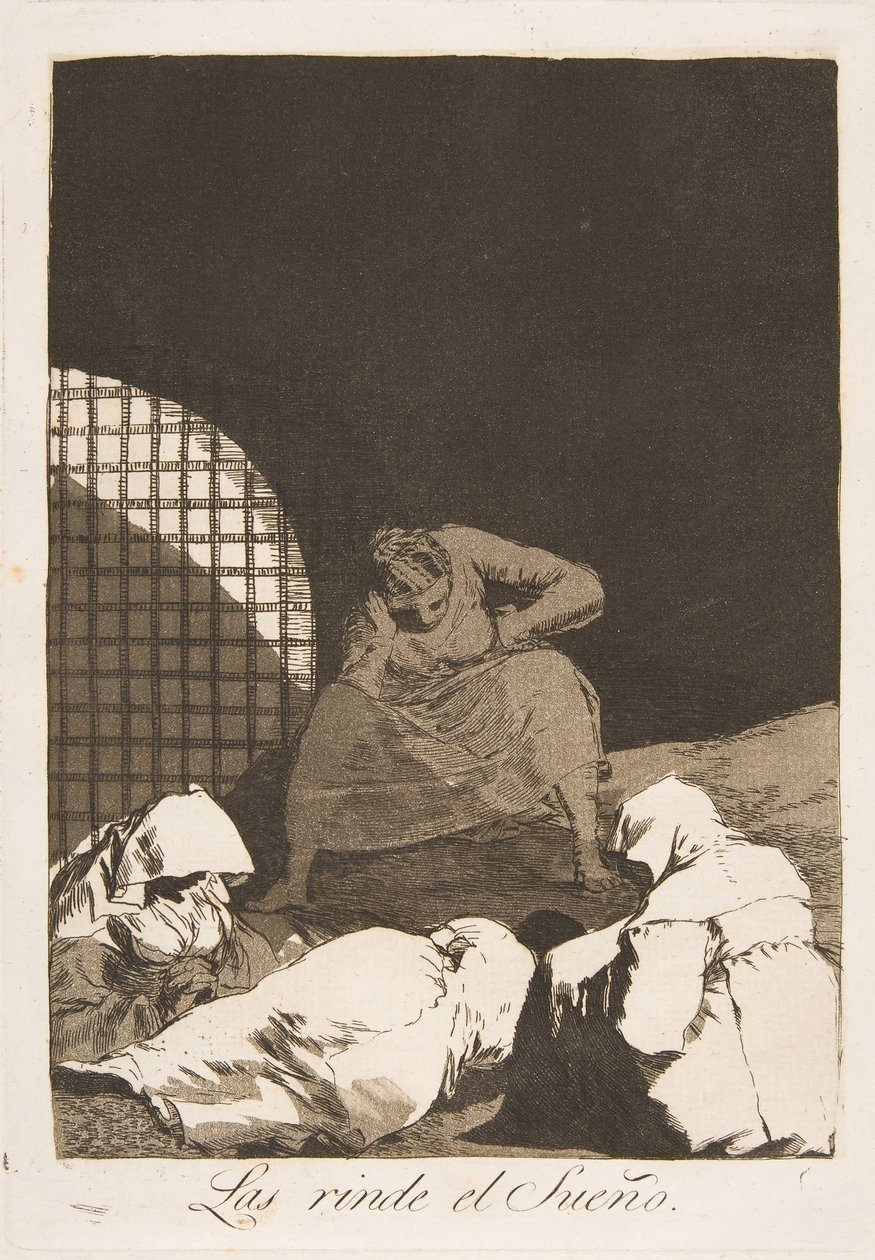 Plate 34 fra Los Caprichos: Søvn overvinner dem Las rinde el Sueño., 1799. av Francisco de Goya
