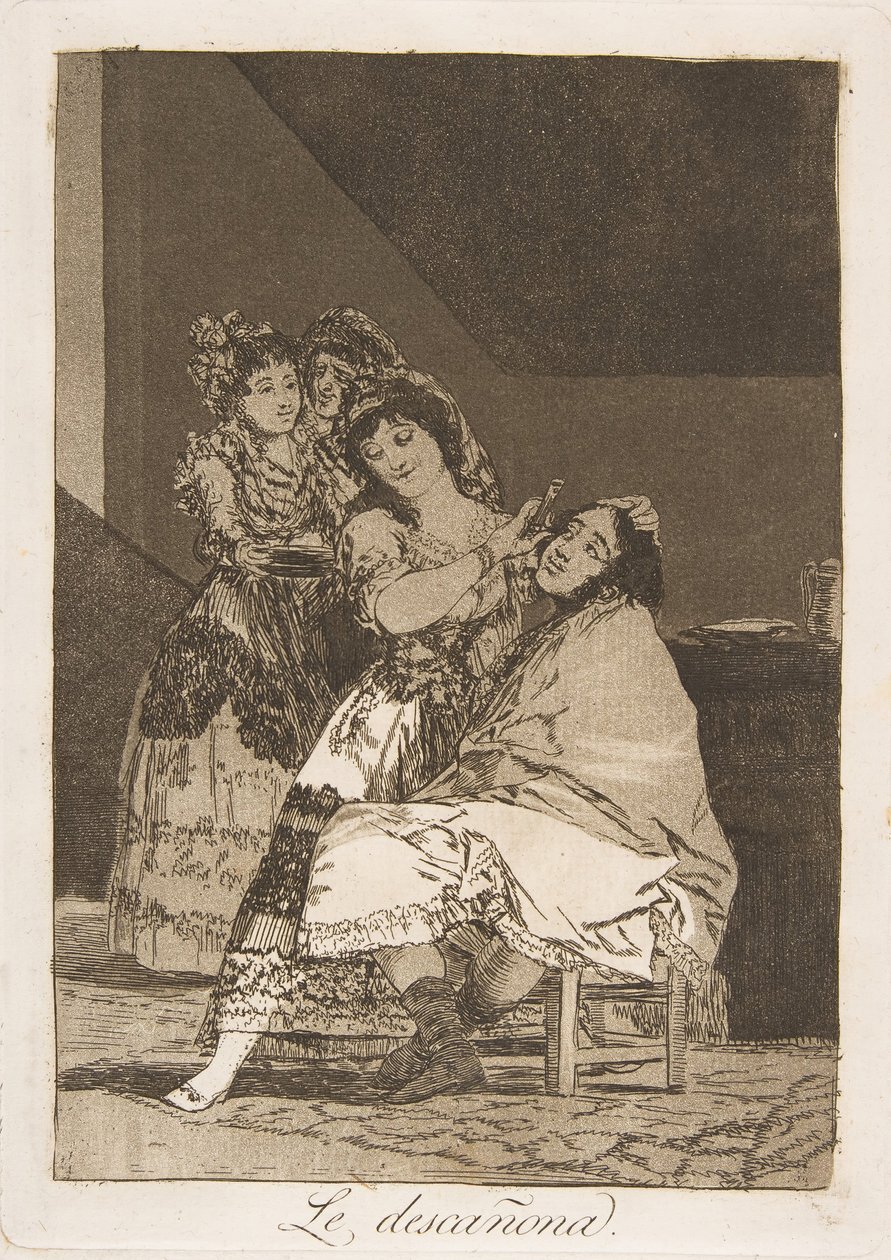 Plate 35 fra Los Caprichos: Hun flå ham Le descañona., 1799. av Francisco de Goya