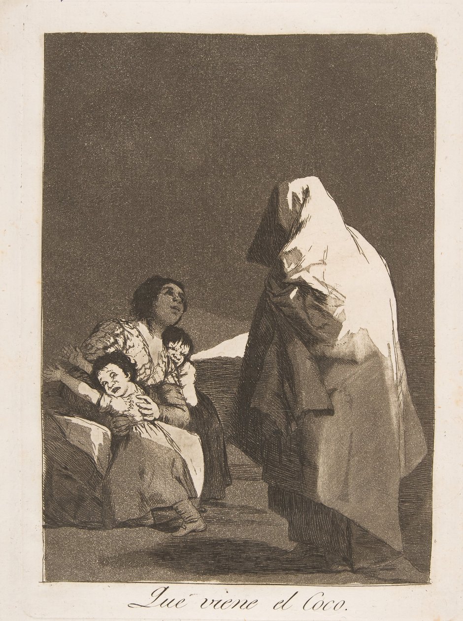 Plate 3 fra Los Caprichos: Her kommer bogey-mannen Que som kommer el Coco., 1799. av Francisco de Goya