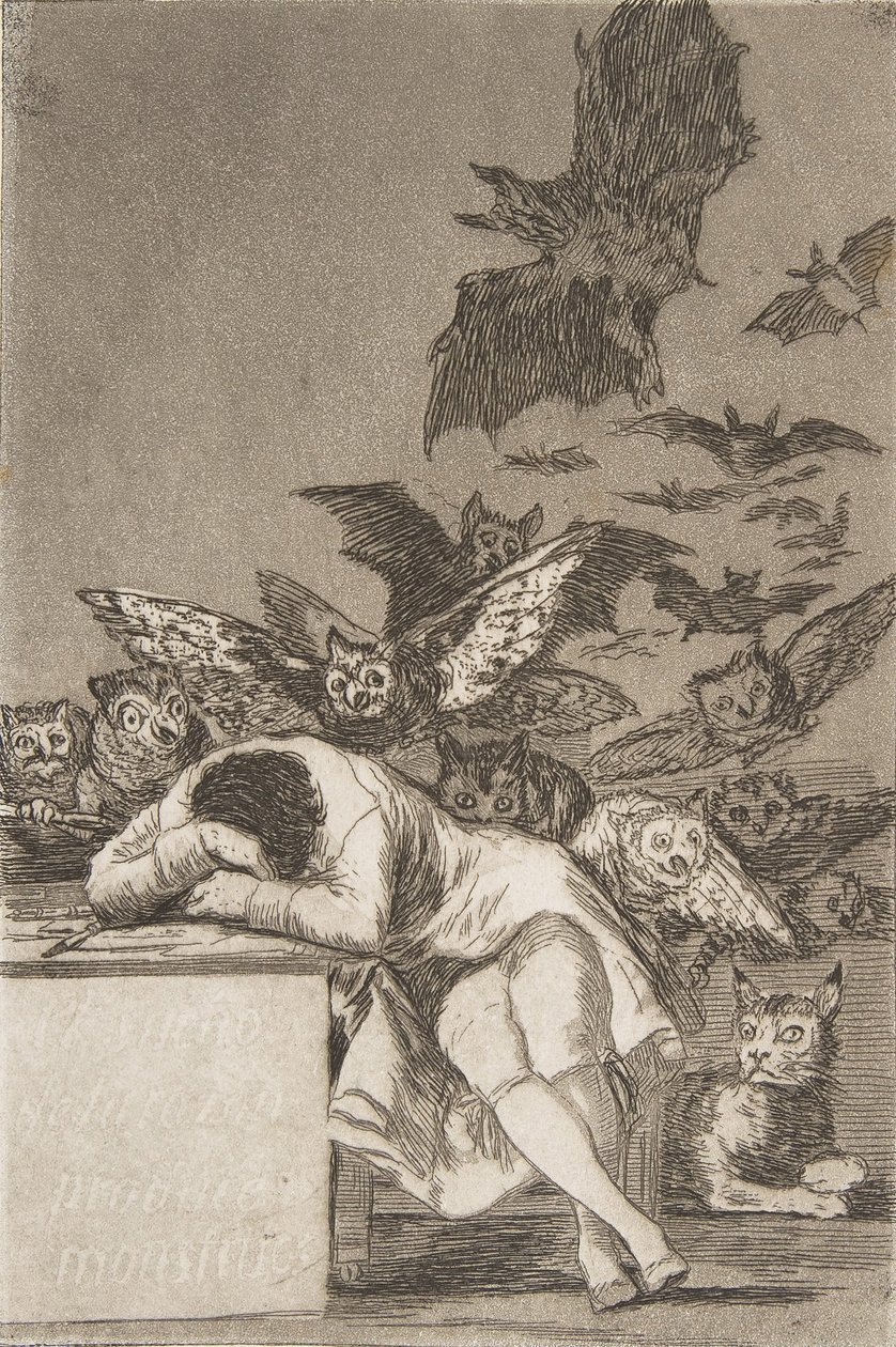 Plate 43 fra Los Caprichos: Fornuftens søvn produserer monstre E..., 1799, publisert 1908-12. av Francisco de Goya