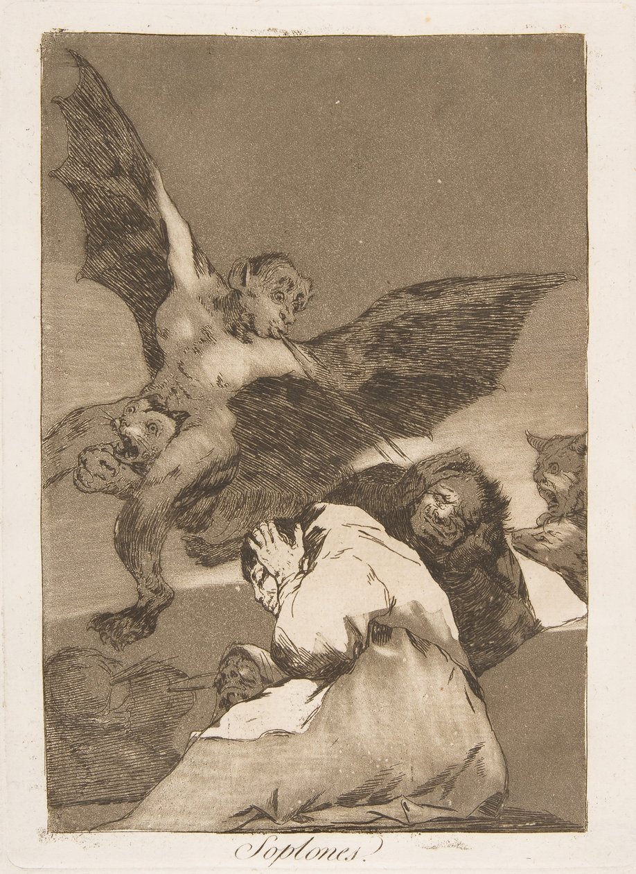 Plate 48 fra Los Caprichos: Tale-Bearers-Blasts of Wind Soplones., 1799. av Francisco de Goya