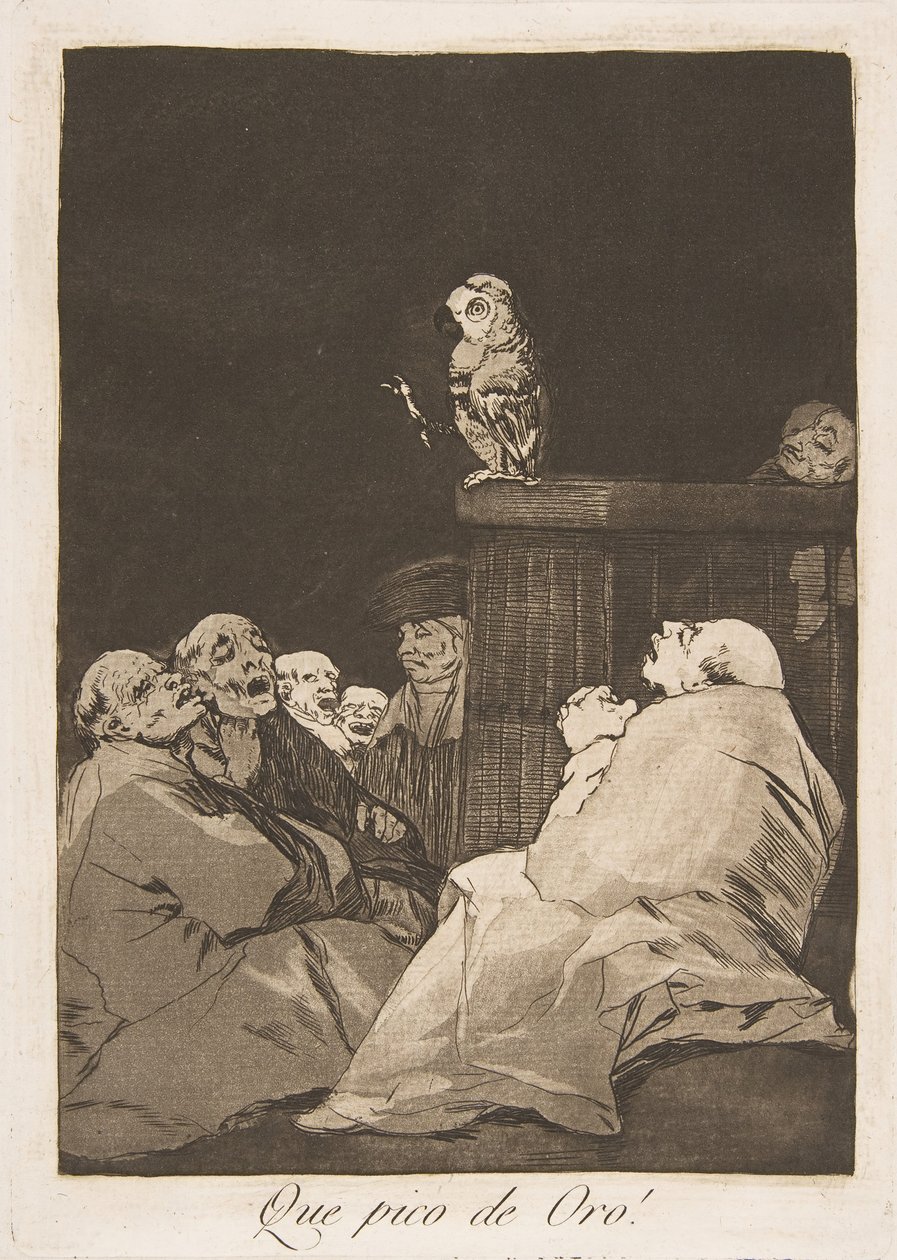 Tallerken 53 fra Los Caprichos: For et gyllent nebb! Que pico de Oro!, 1799. av Francisco de Goya