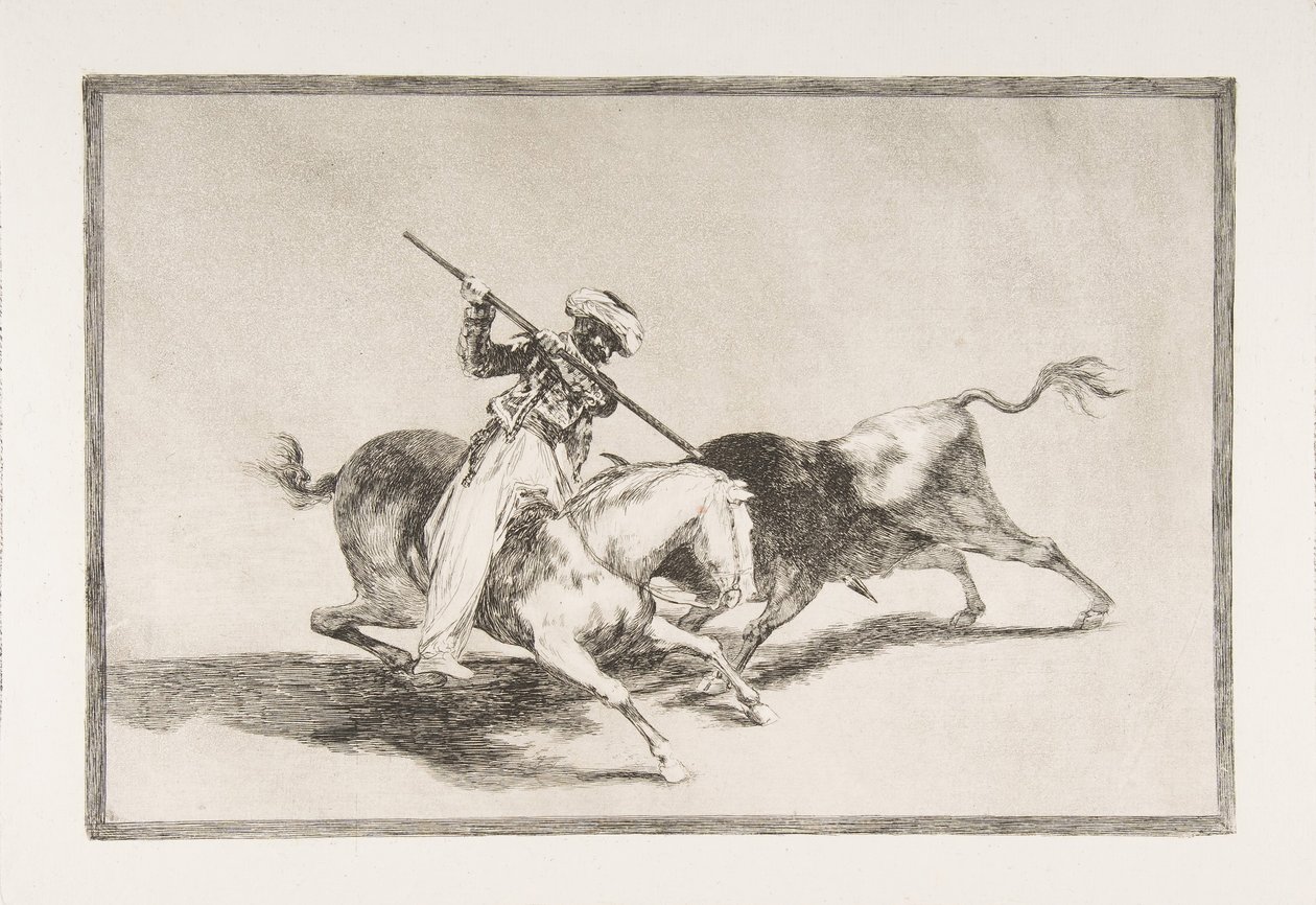 Plate 5 fra The Tauromaquia: Den livlige Moor Gazul er den første som spydde okser, 1816. av Francisco de Goya