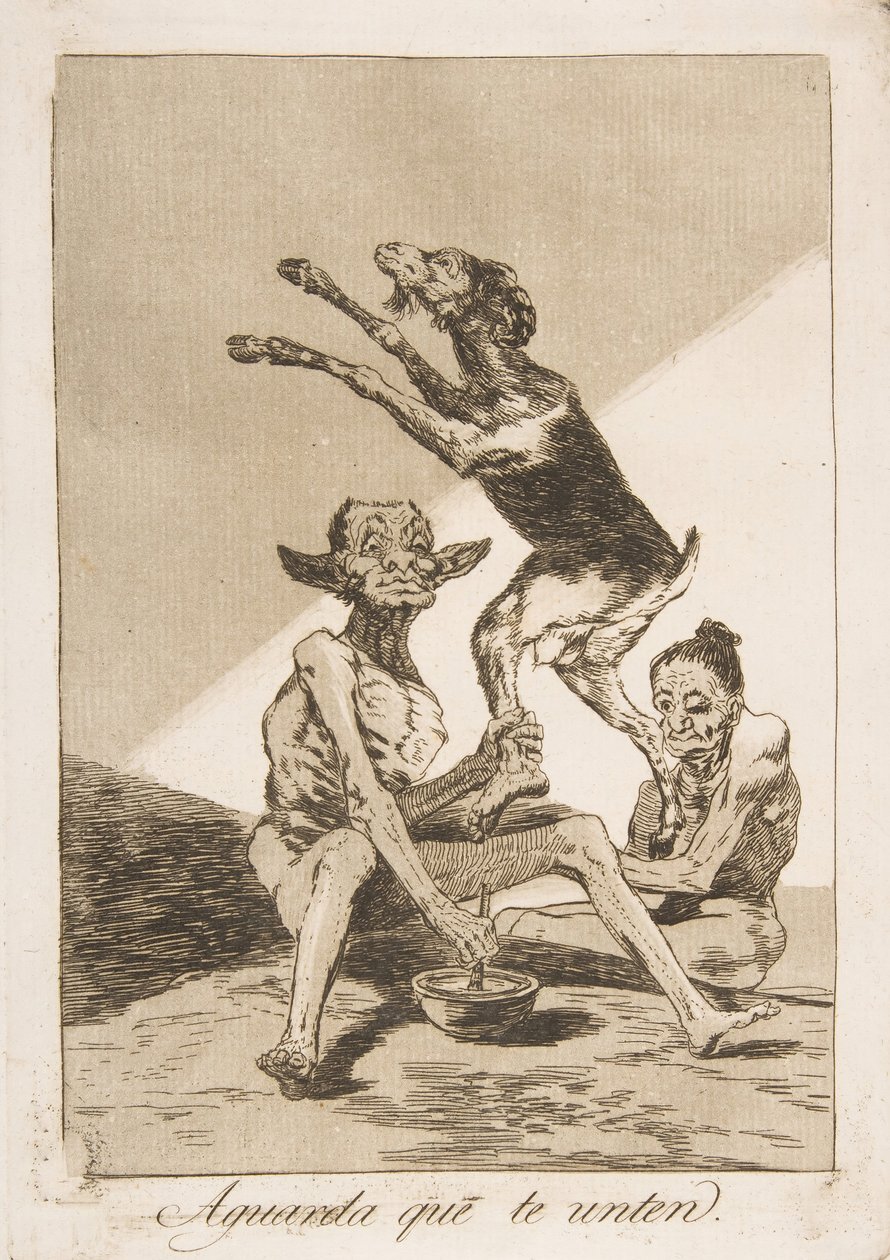Plate 67 fra Los Caprichos: Vent til du har blitt salvet til Aguarda que te unten., 1799. av Francisco de Goya