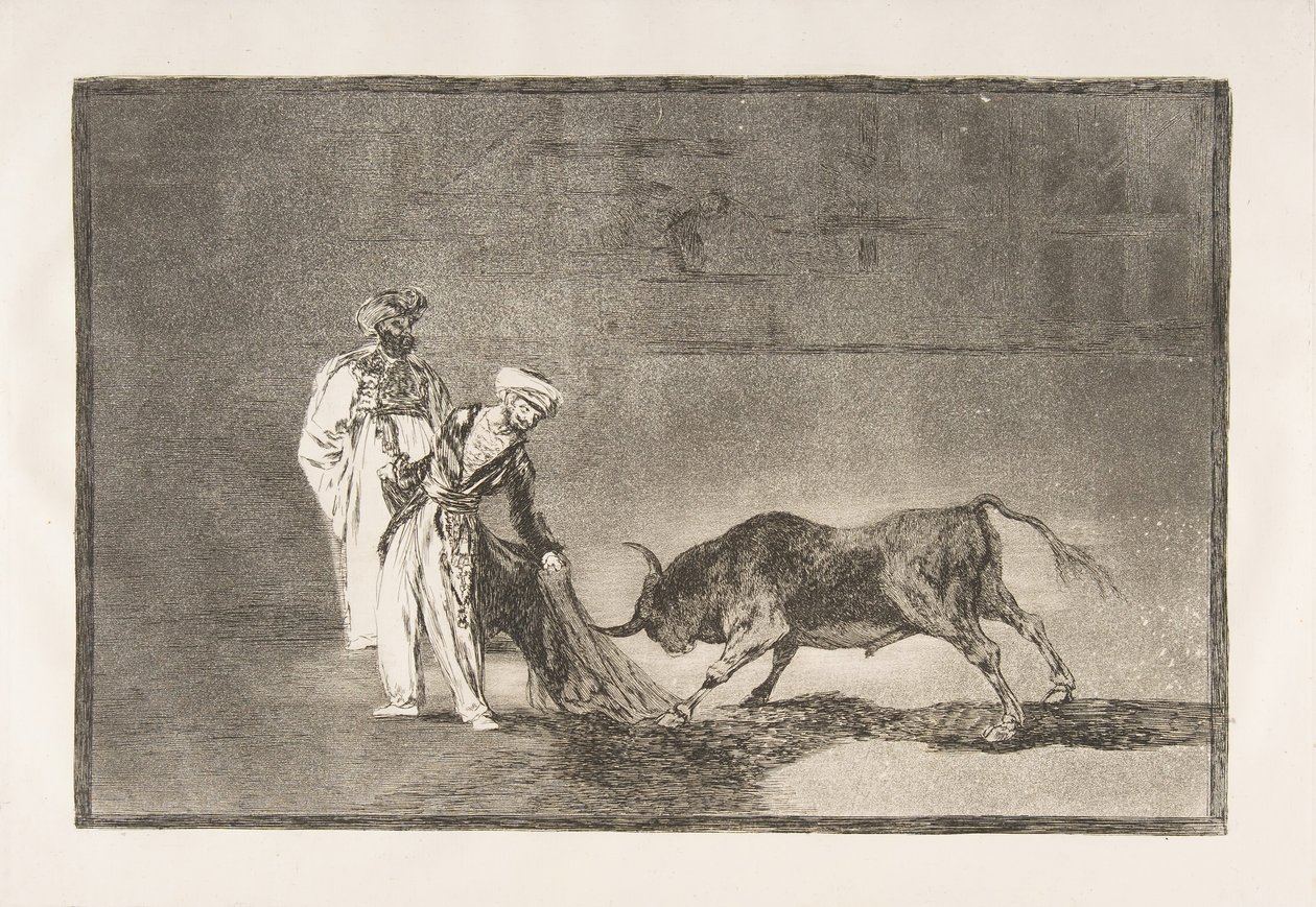 Plate 6 fra The Tauromaquia: The Moors gjør et annet skuespill i ringen som kaller bul..., 1816. av Francisco de Goya