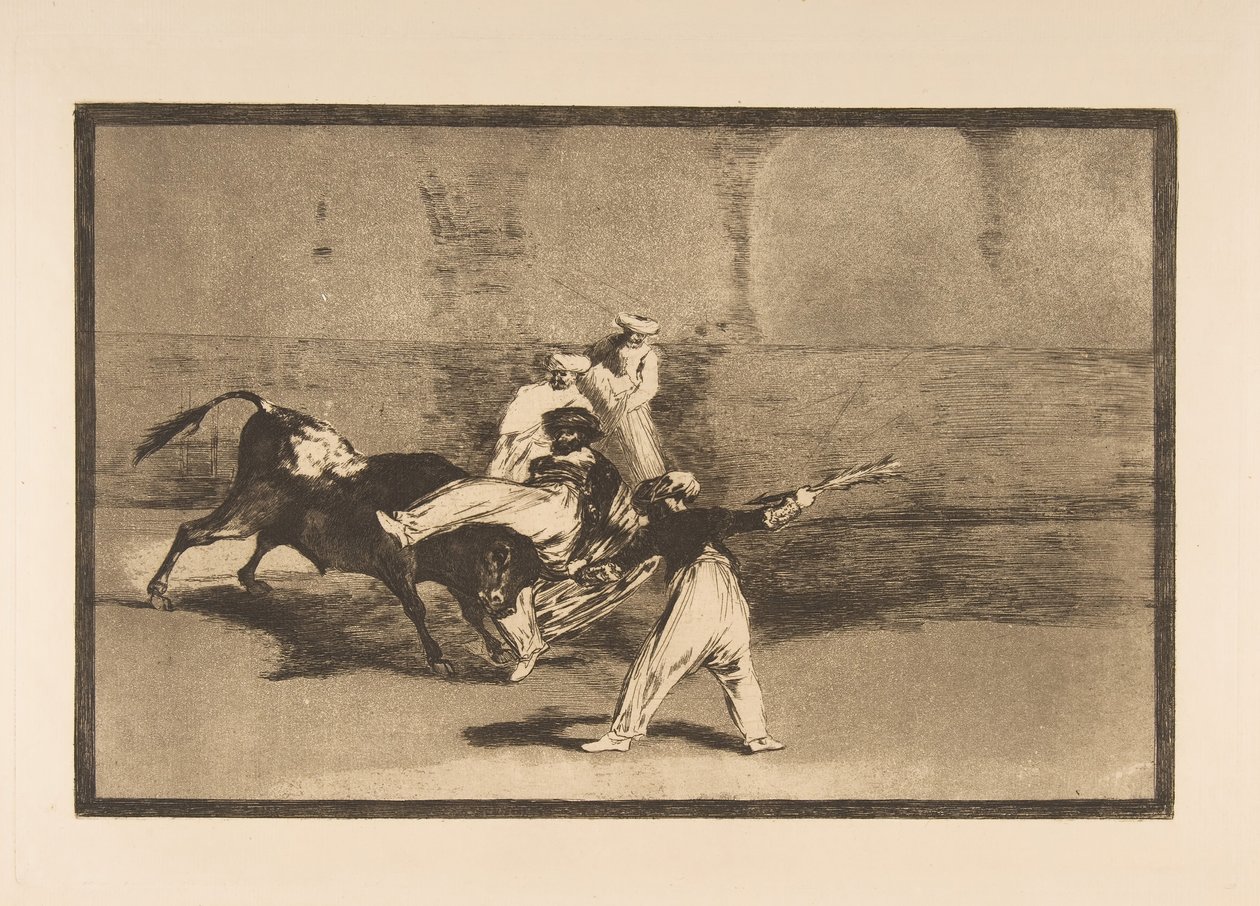 Plate 8 fra Tauromaquia: En myr fanget av oksen i ringen, ca. 1816. av Francisco de Goya