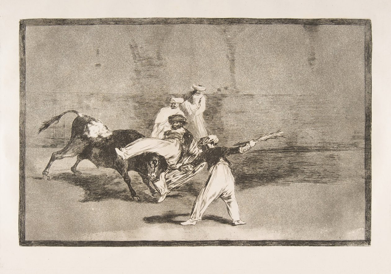 Plate 8 av Tauromaquia: En maur fanget av oksen i ringen, 1816. av Francisco de Goya