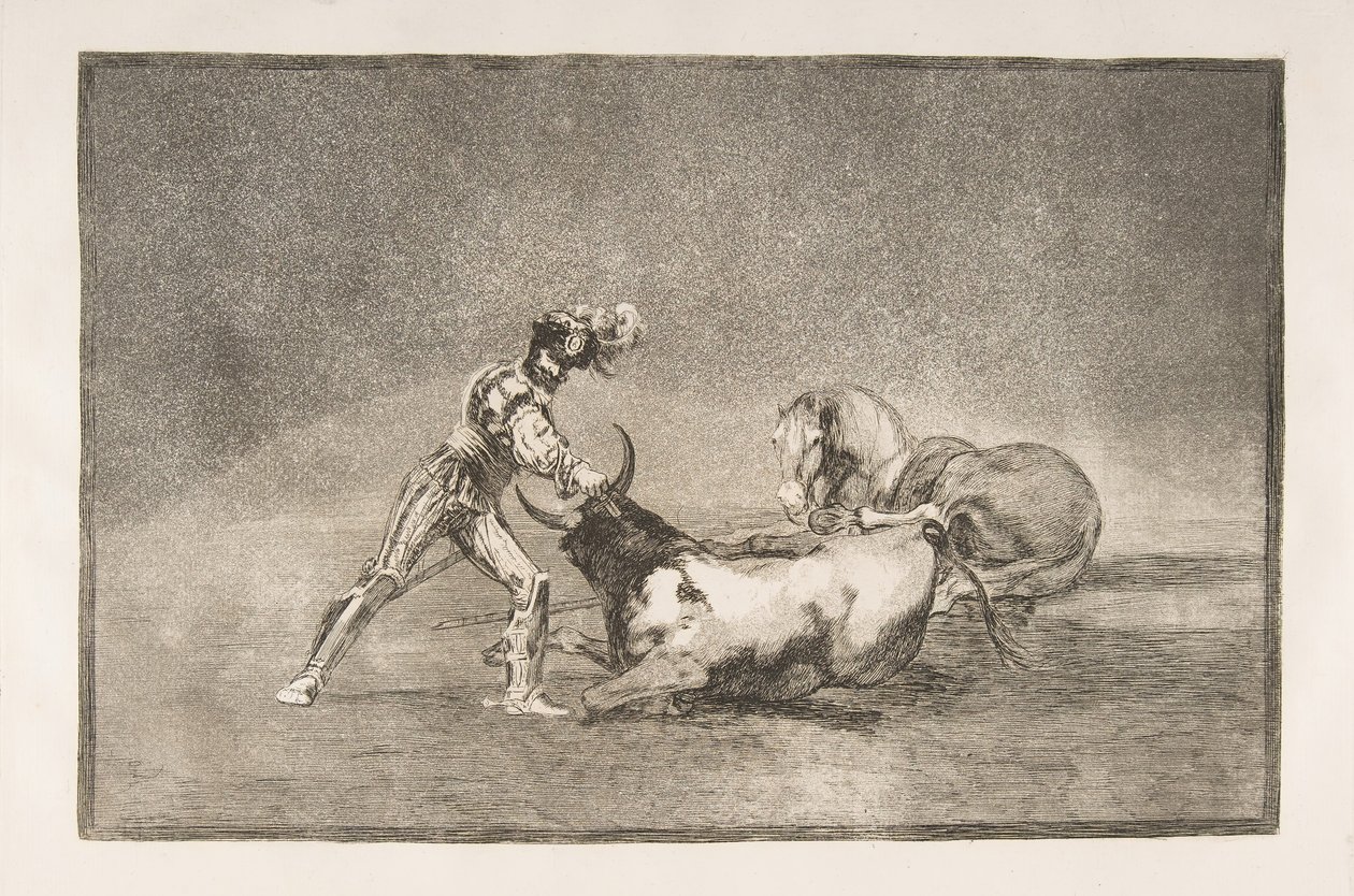 Plate 9 av Tauromaquia: En spansk ridder dreper oksen etter å ha mistet hesten sin., 1816. av Francisco de Goya