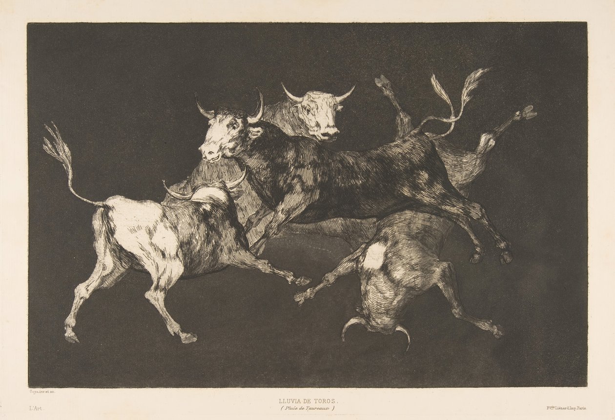 Plate D fra Disparates: Fools-or Little Bulls - dårskap, ca. 1816-23 utgitt 1877. av Francisco de Goya